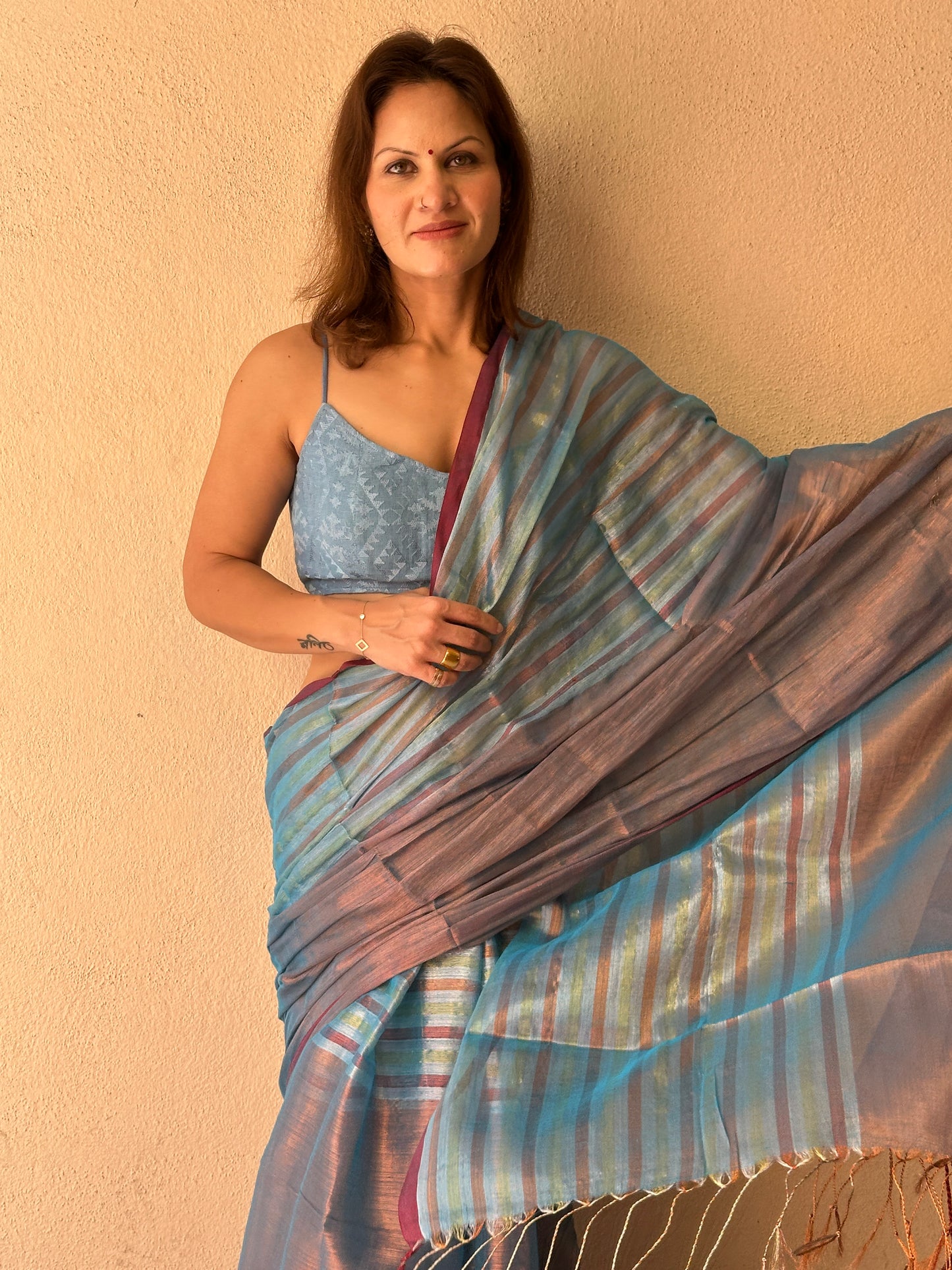 Blue & Copper Pure Mul Mul Handwoven Striped Tissue Cotton Saree