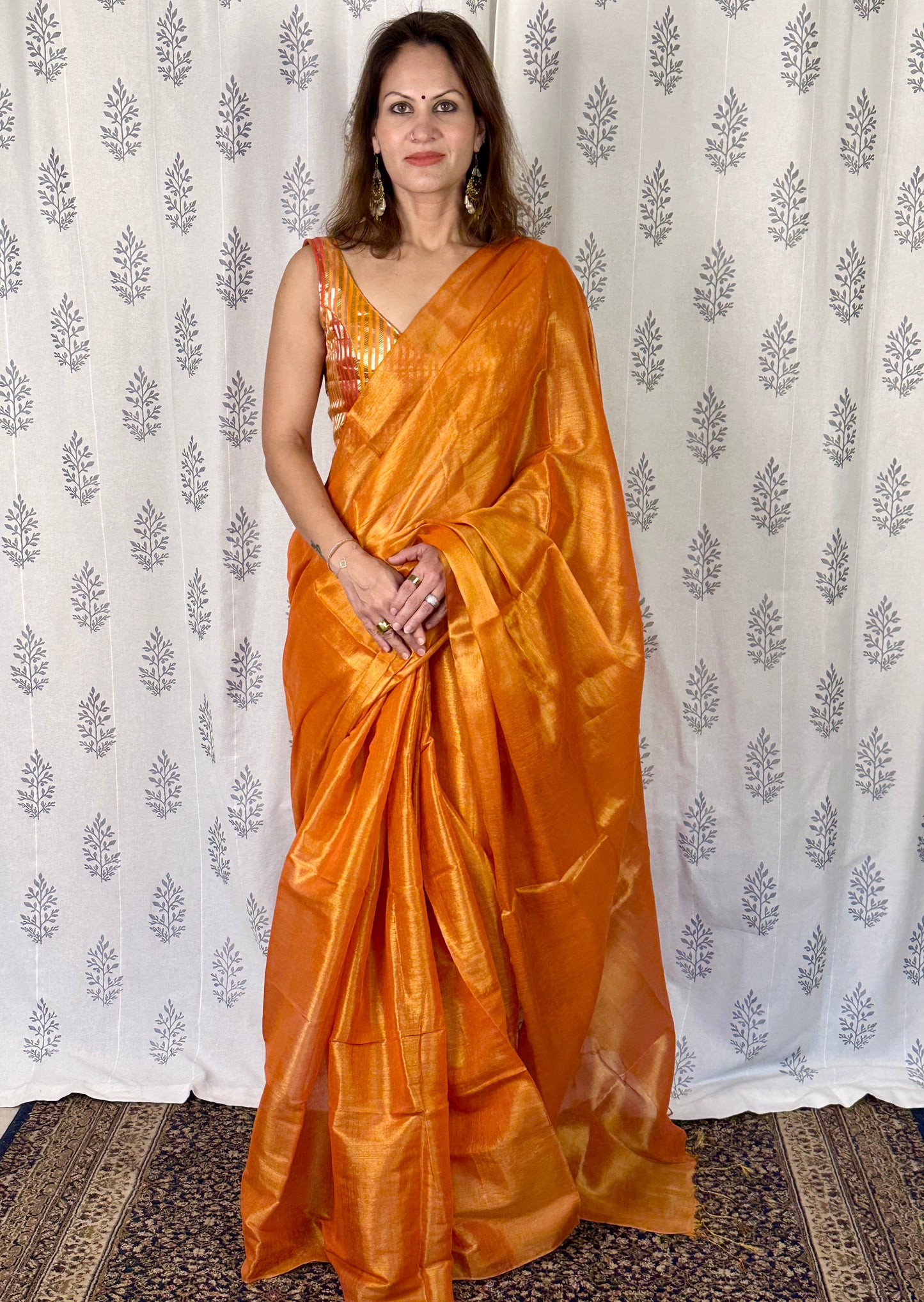 Orange & Gold Pure Mul Mul Handwoven Tissue Cotton Saree (Borderless)