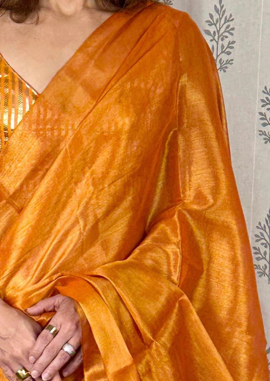 Orange & Gold Pure Mul Mul Handwoven Tissue Cotton Saree (Borderless)