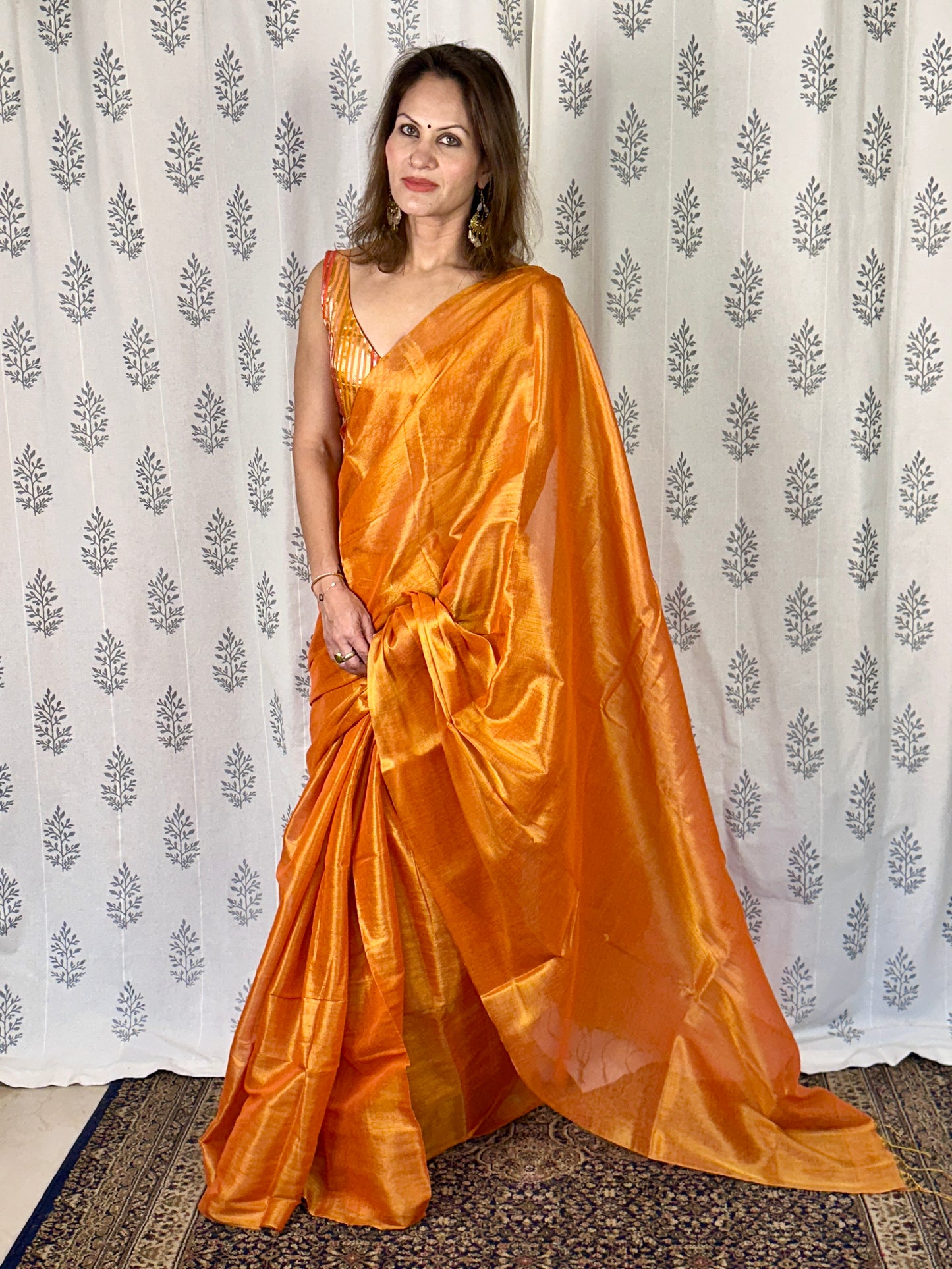 Orange & Gold Pure Mul Mul Handwoven Tissue Cotton Saree (Borderless)