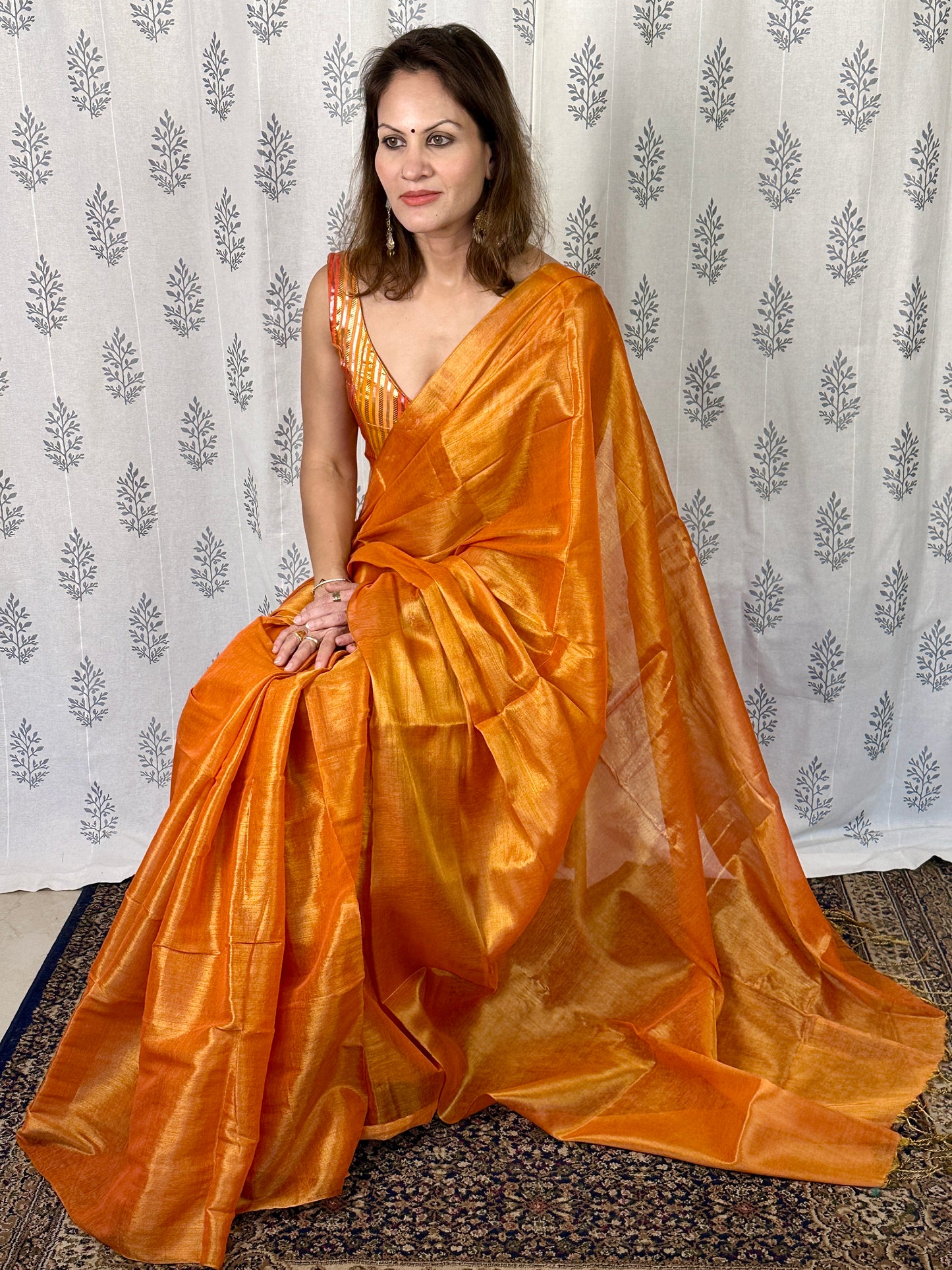 Orange & Gold Pure Mul Mul Handwoven Tissue Cotton Saree (Borderless)