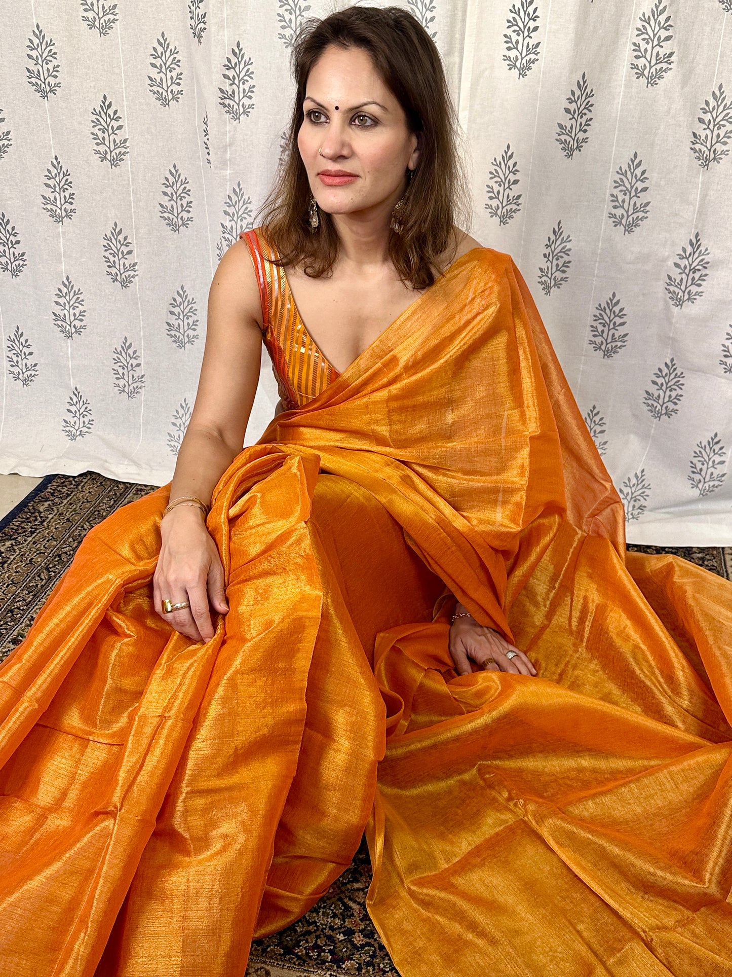Orange & Gold Pure Mul Mul Handwoven Tissue Cotton Saree (Borderless)