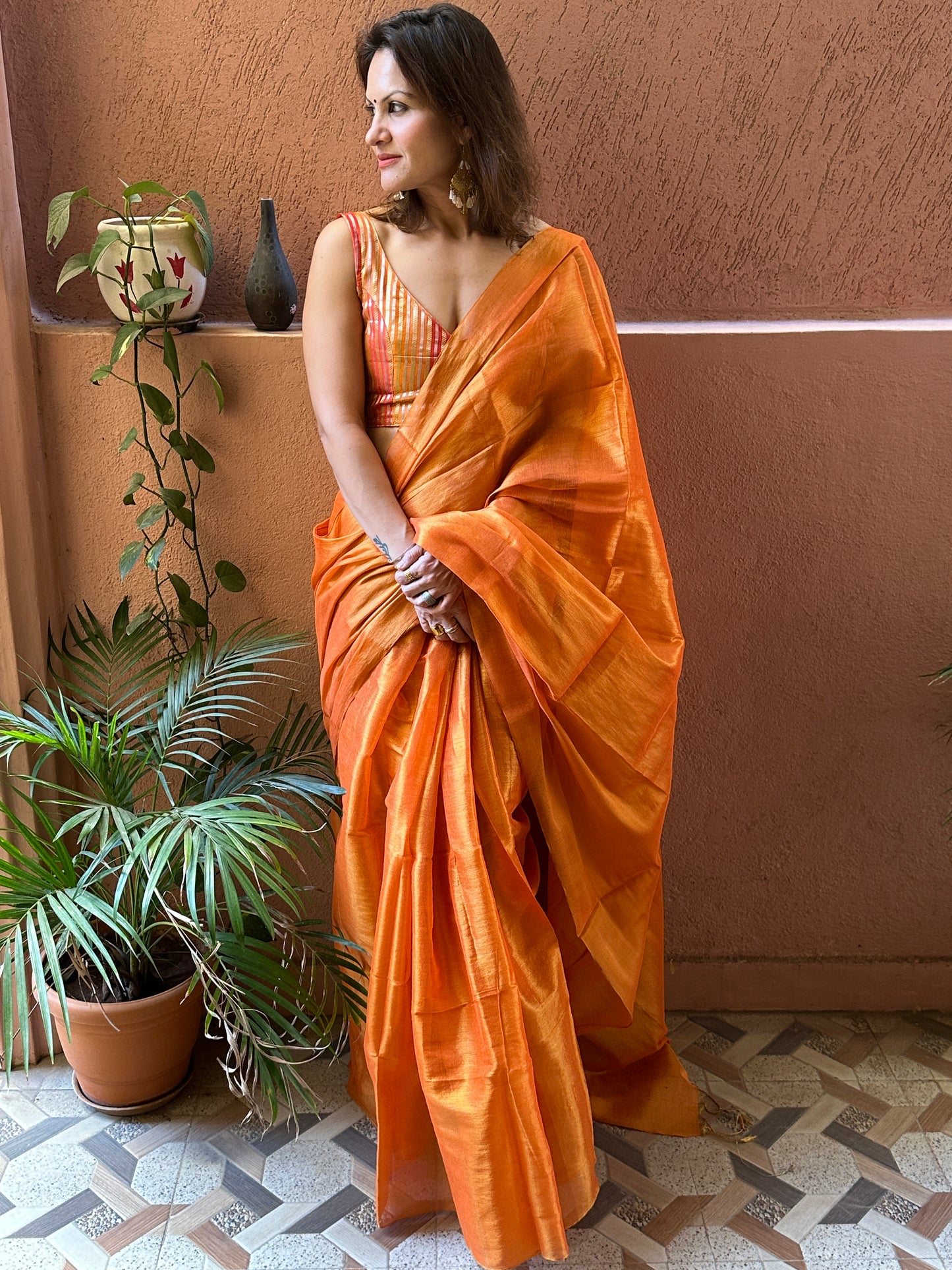 Orange & Gold Pure Mul Mul Handwoven Tissue Cotton Saree (Borderless)