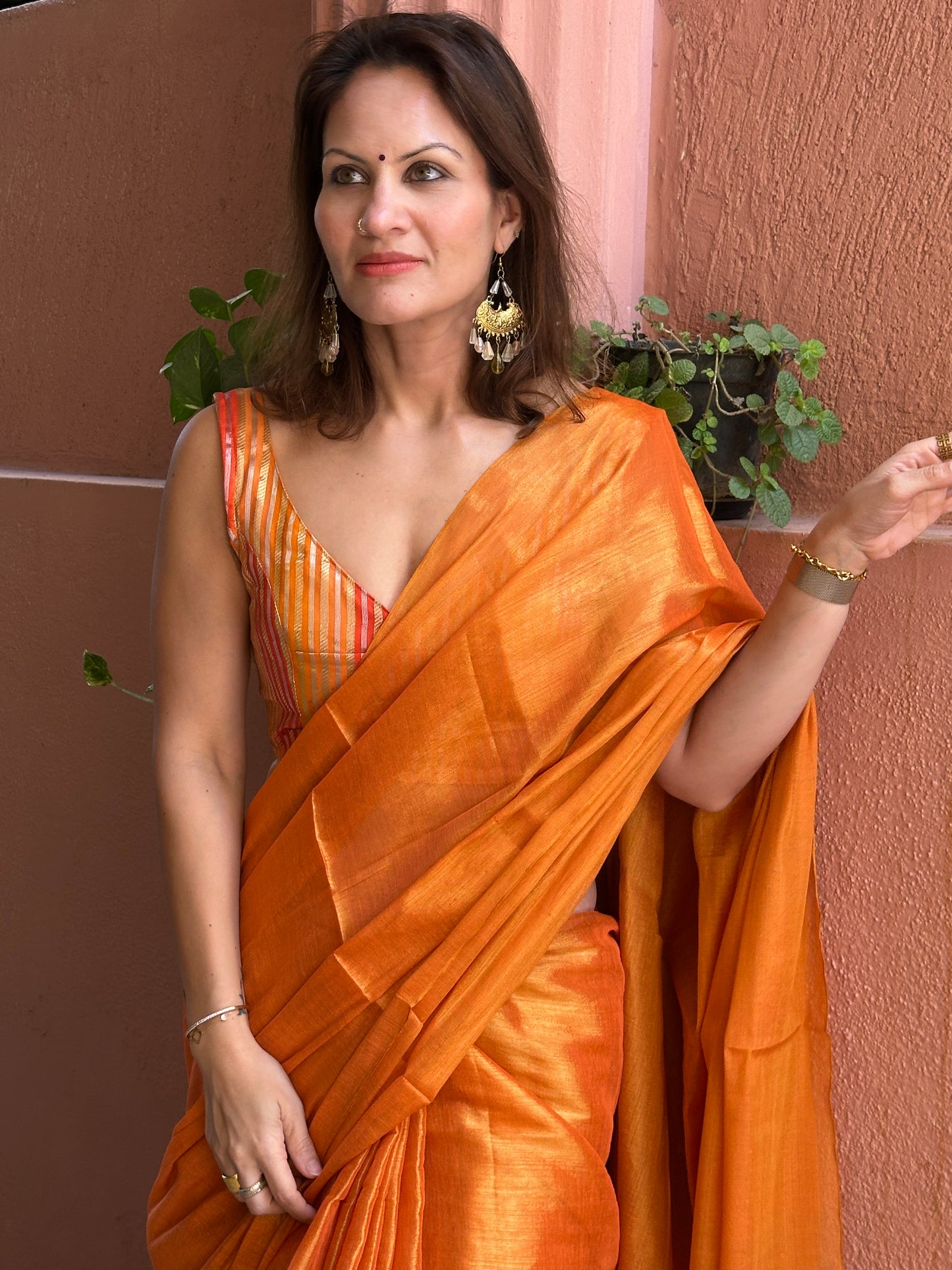 Orange & Gold Pure Mul Mul Handwoven Tissue Cotton Saree (Borderless)