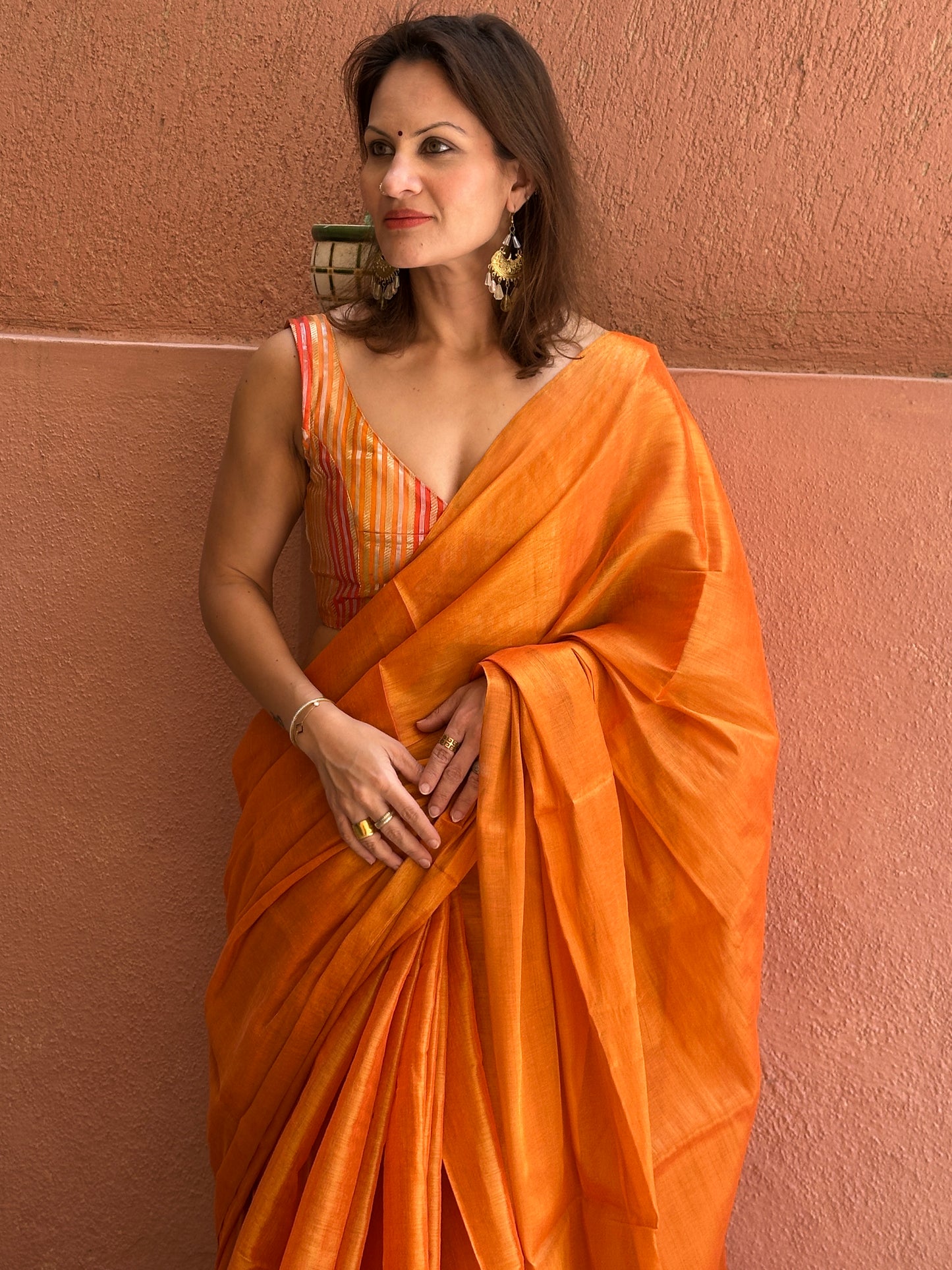 Orange & Gold Pure Mul Mul Handwoven Tissue Cotton Saree (Borderless)