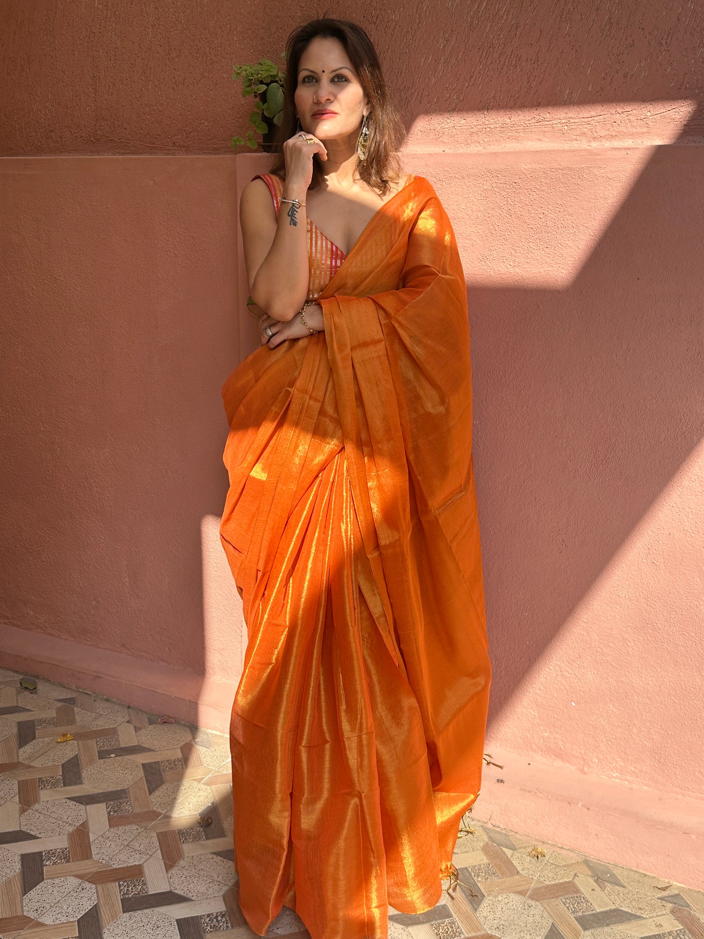 Orange & Gold Pure Mul Mul Handwoven Tissue Cotton Saree (Borderless)