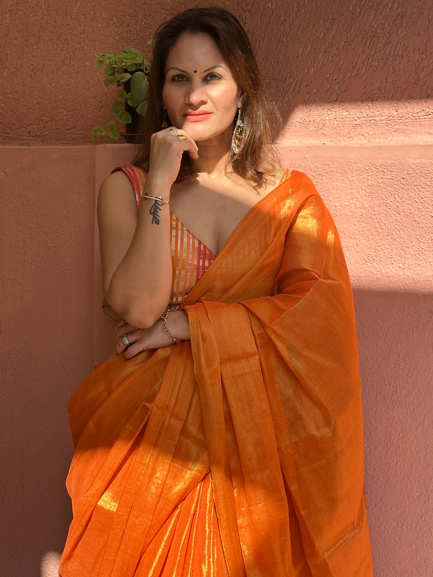 Orange & Gold Pure Mul Mul Handwoven Tissue Cotton Saree (Borderless)