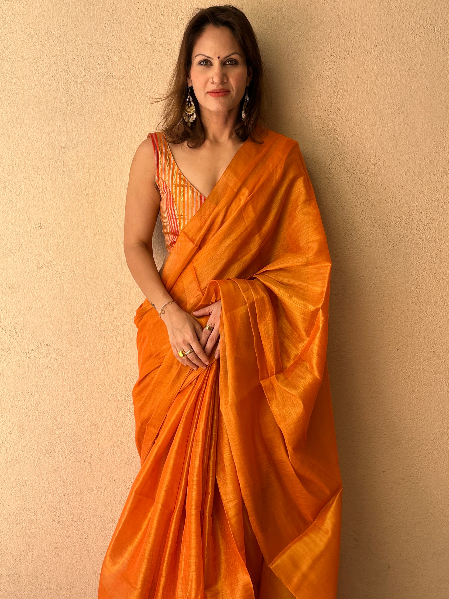 Orange & Gold Pure Mul Mul Handwoven Tissue Cotton Saree (Borderless)