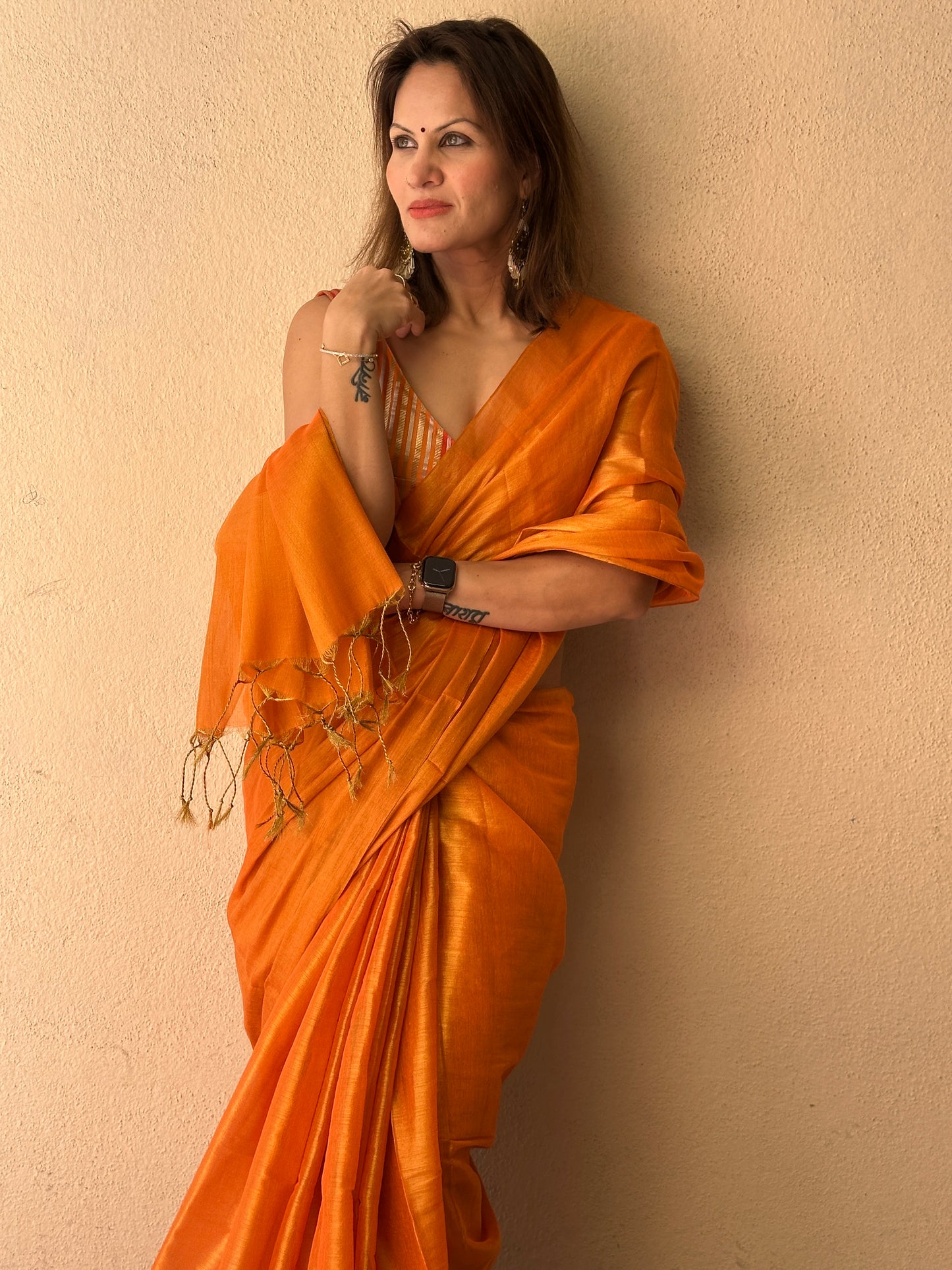 Orange & Gold Pure Mul Mul Handwoven Tissue Cotton Saree (Borderless)