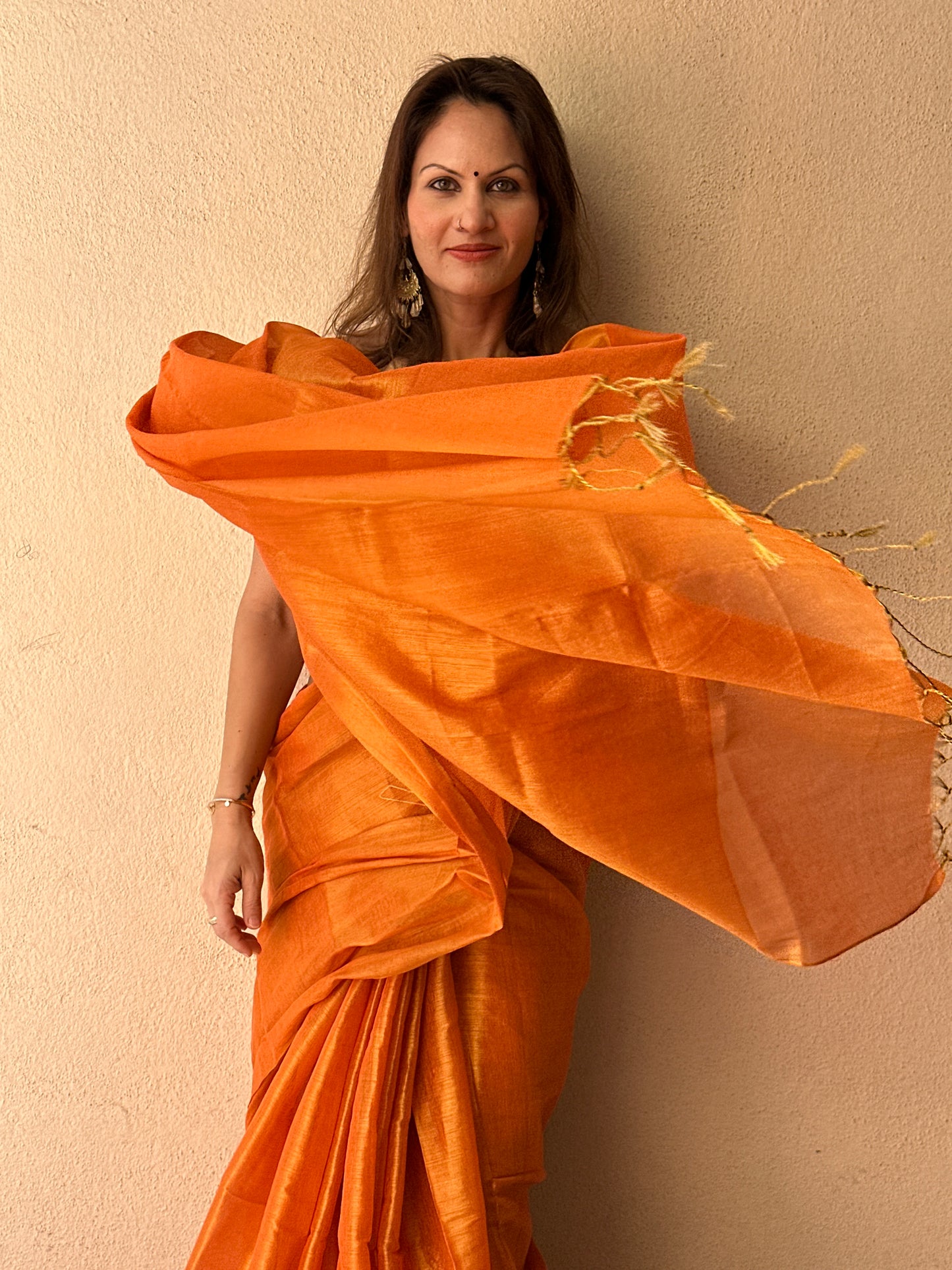 Orange & Gold Pure Mul Mul Handwoven Tissue Cotton Saree (Borderless)