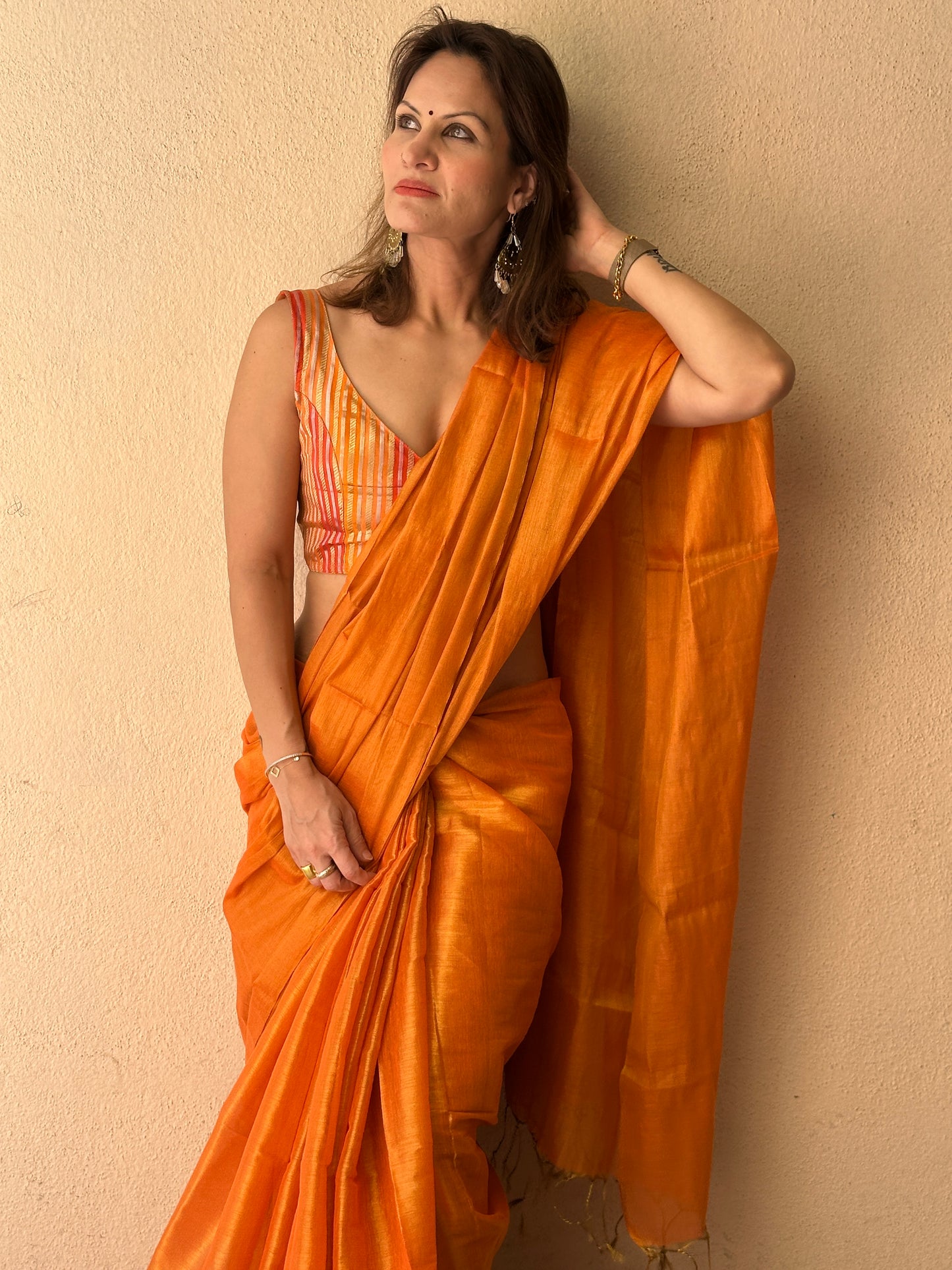 Orange & Gold Pure Mul Mul Handwoven Tissue Cotton Saree (Borderless)