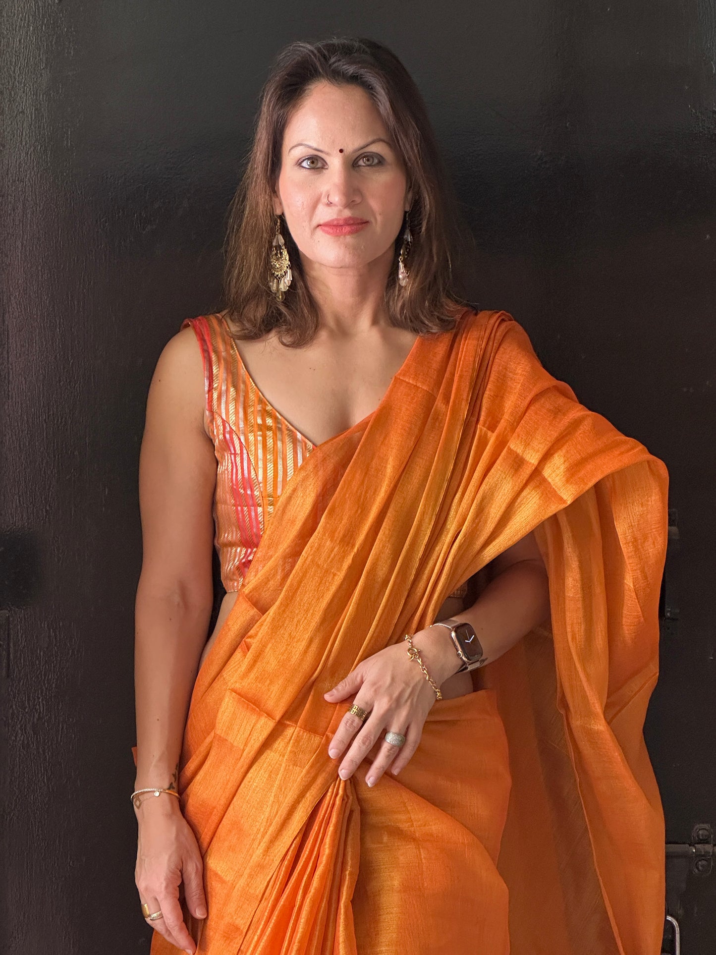 Orange & Gold Pure Mul Mul Handwoven Tissue Cotton Saree (Borderless)