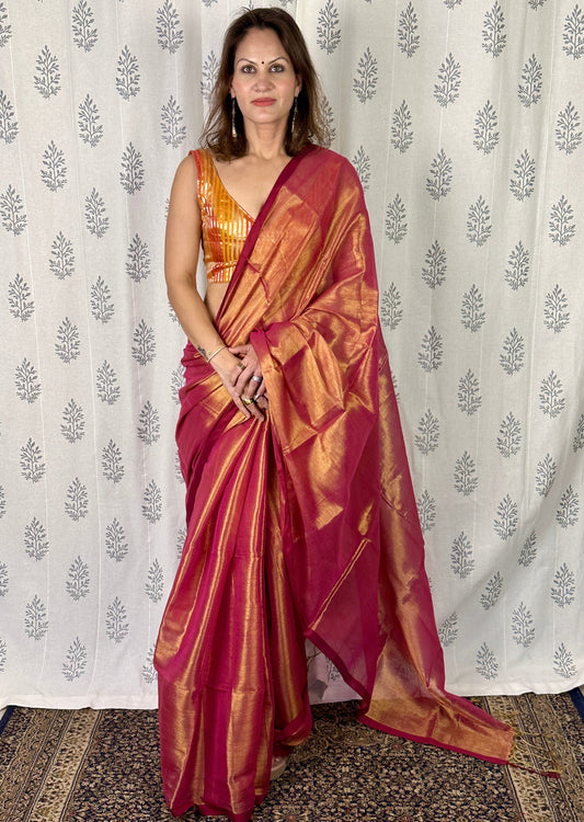 Pinkish Orange Pure Mul Mul Handwoven Tissue Cotton Saree