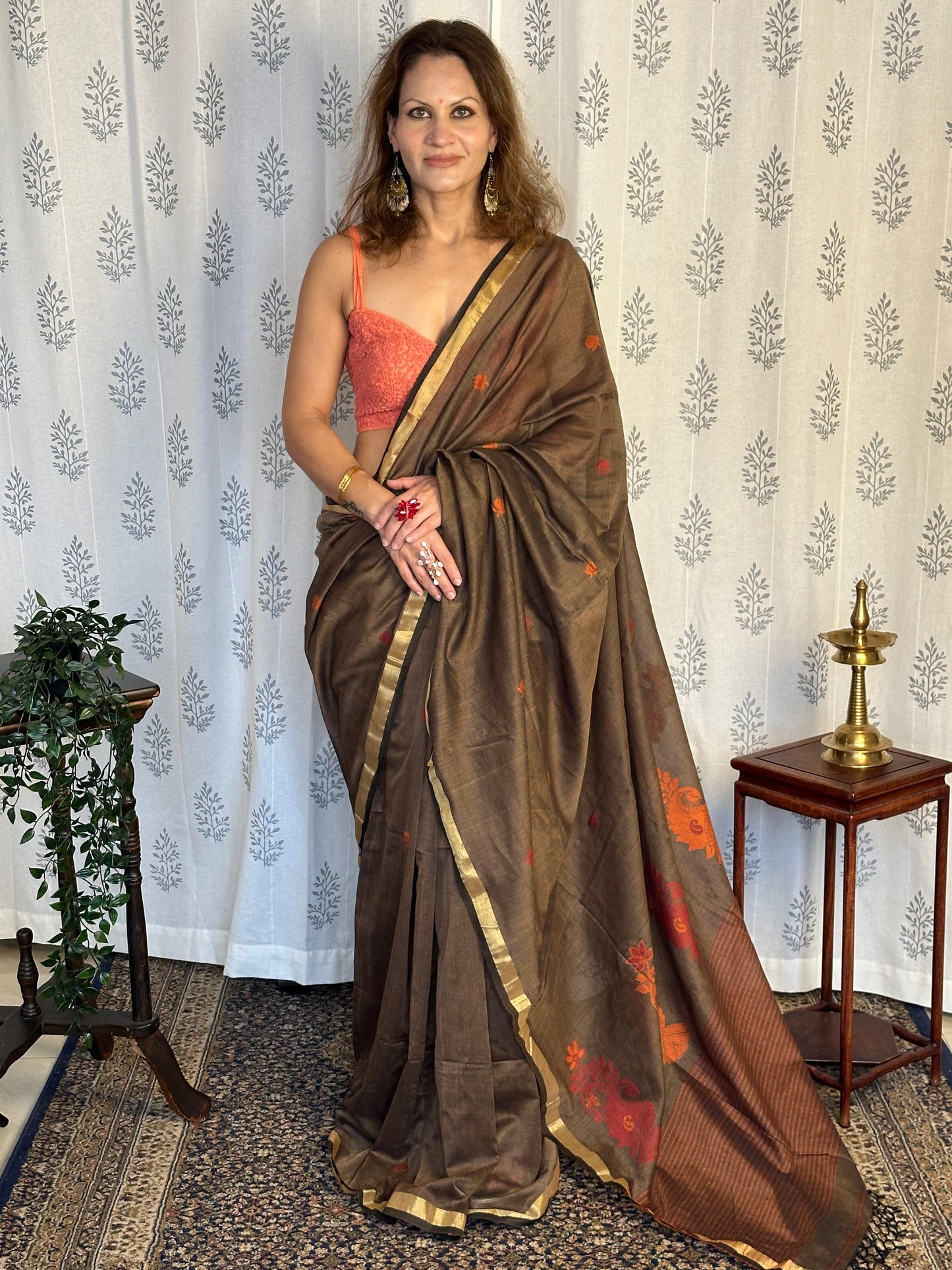 Brown Baluchari Sari with Handwoven Design, Floral Butis, & Zari Border