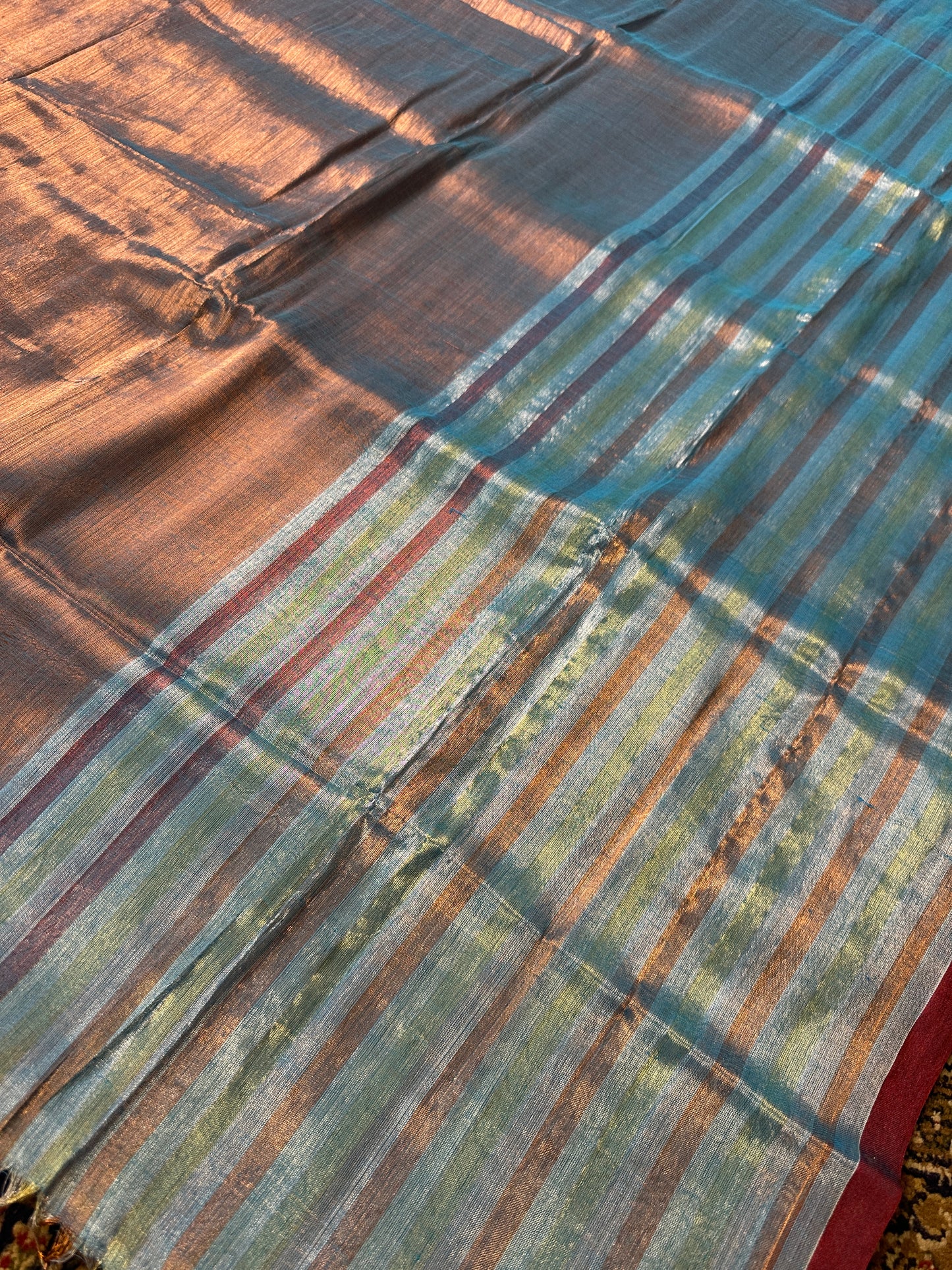 Blue & Copper Pure Mul Mul Handwoven Striped Tissue Cotton Saree
