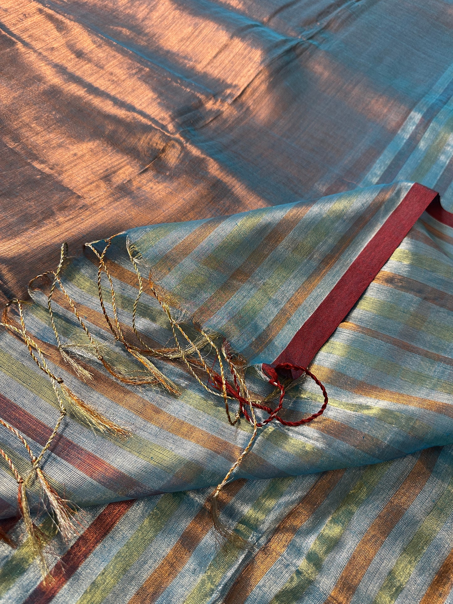 Blue & Copper Pure Mul Mul Handwoven Striped Tissue Cotton Saree