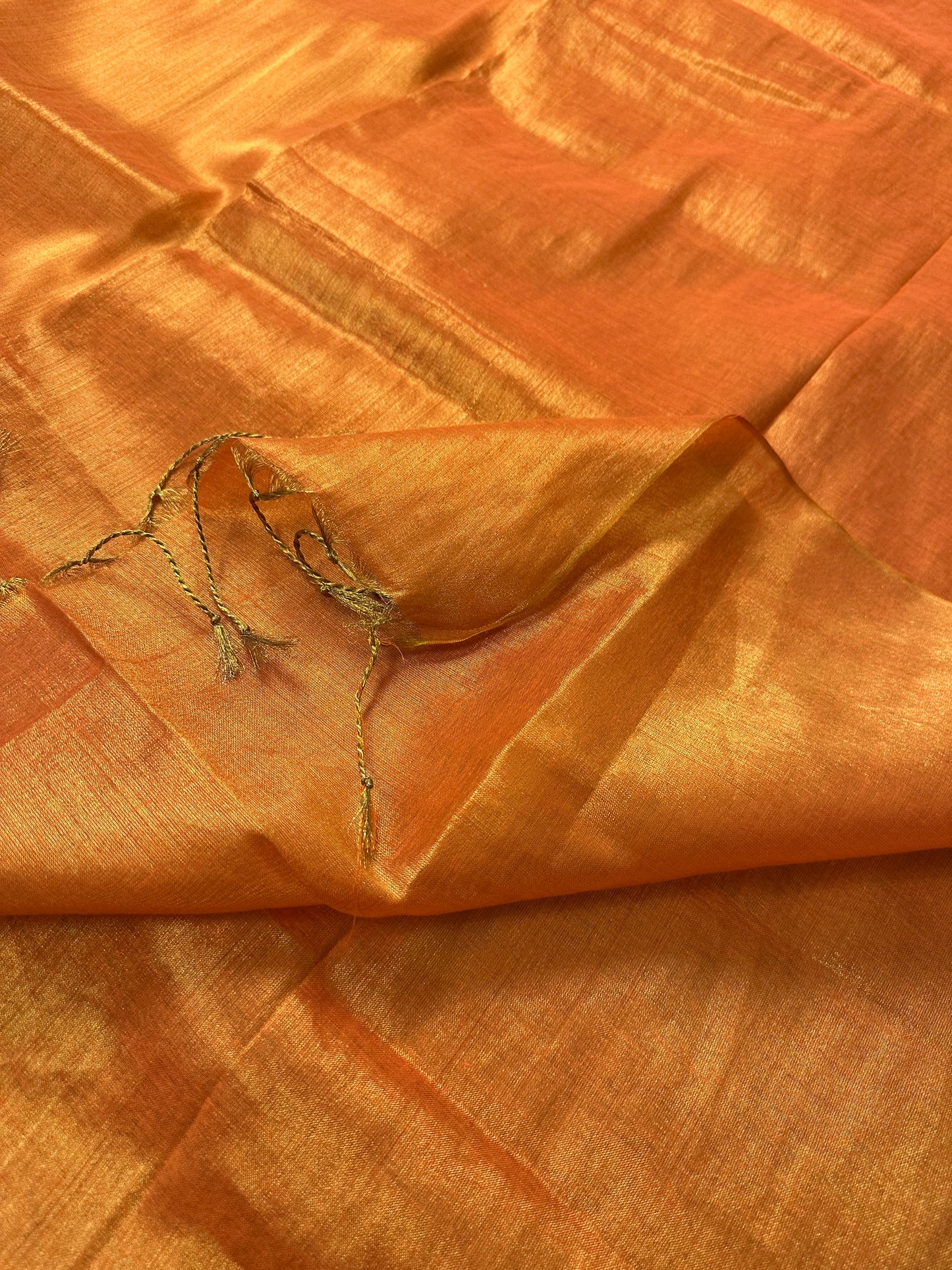 Orange & Gold Pure Mul Mul Handwoven Tissue Cotton Saree (Borderless)