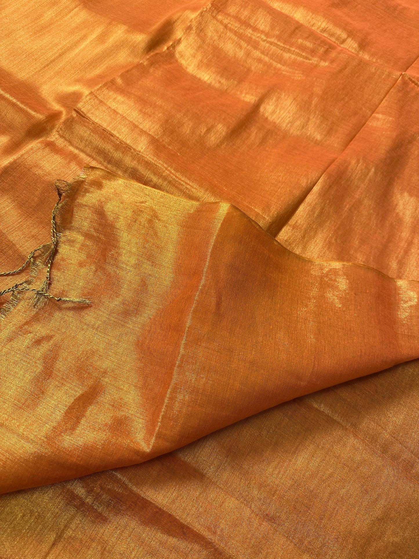 Orange & Gold Pure Mul Mul Handwoven Tissue Cotton Saree (Borderless)
