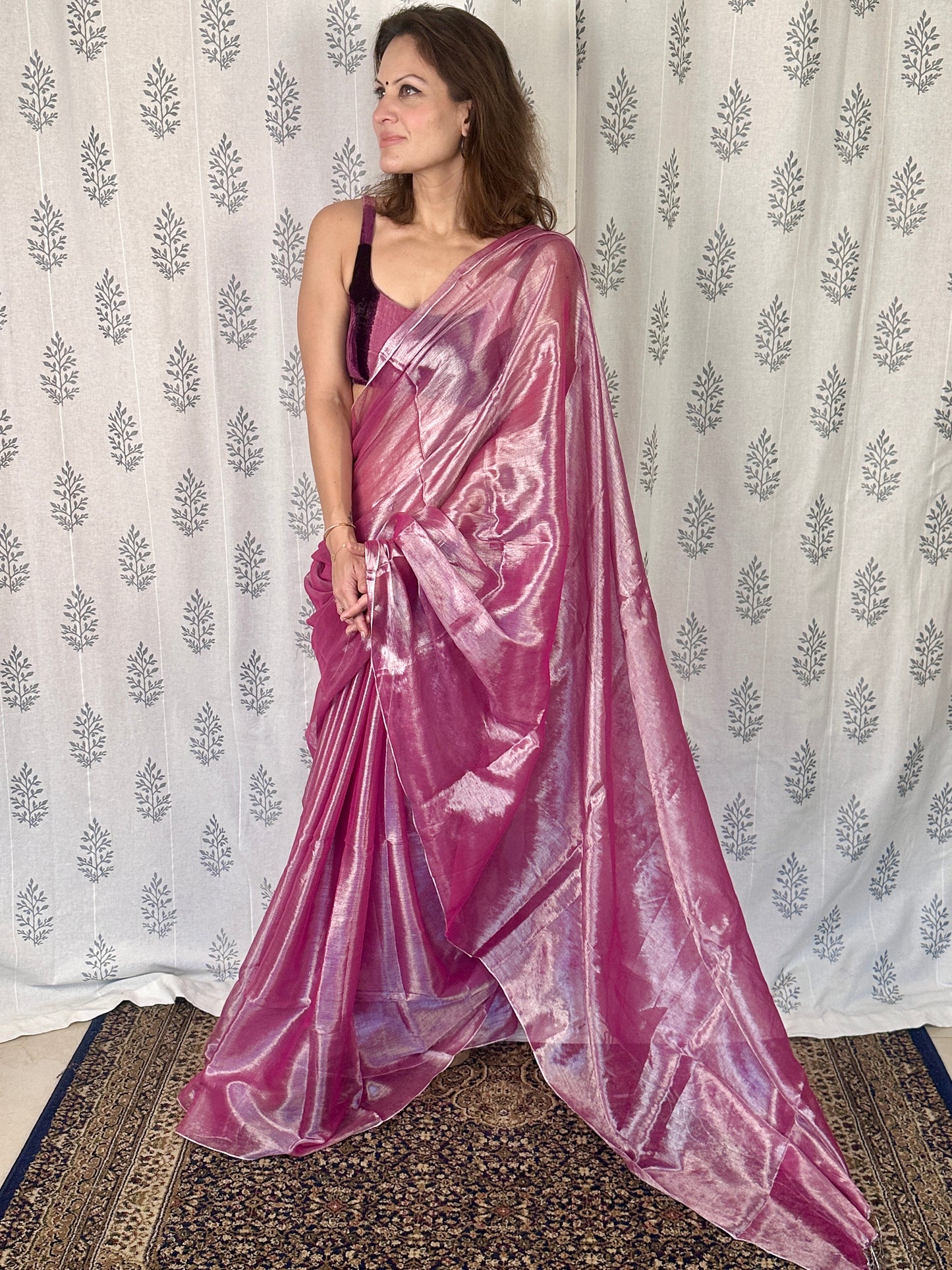 Champagne Pink & Silver Pure Mul Mul Handwoven Tissue Cotton Saree (Borderless)