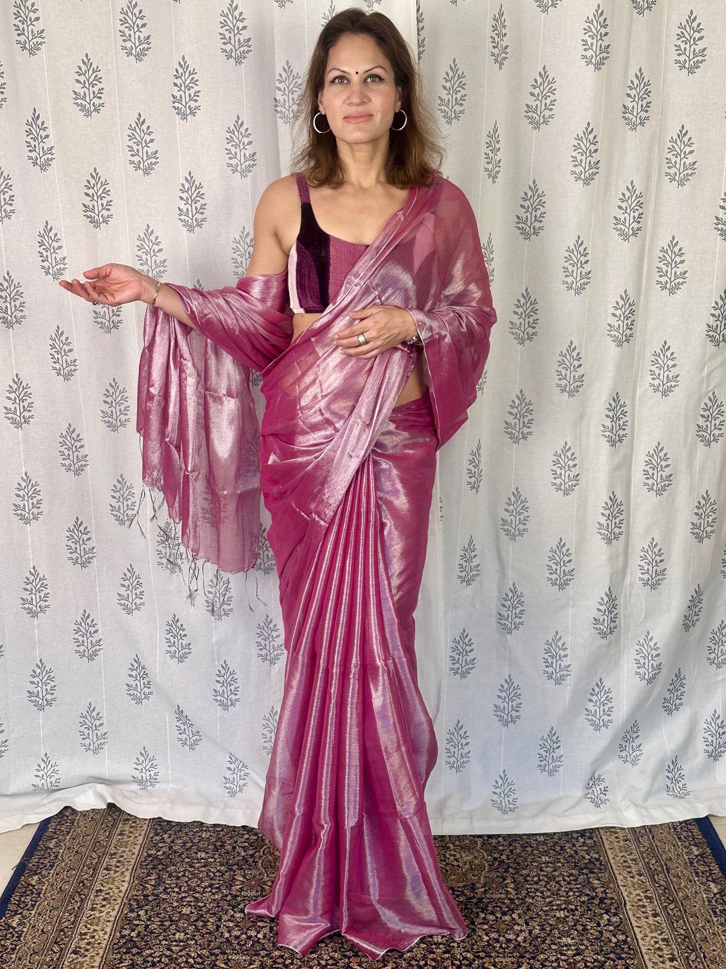 Champagne Pink & Silver Pure Mul Mul Handwoven Tissue Cotton Saree (Borderless)