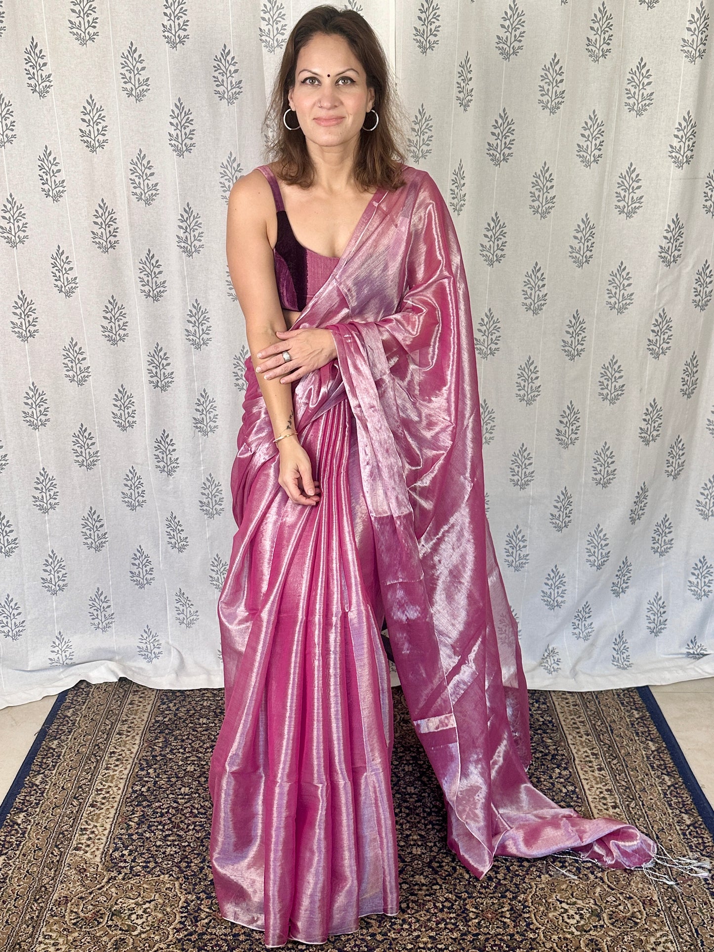 Champagne Pink & Silver Pure Mul Mul Handwoven Tissue Cotton Saree (Borderless)