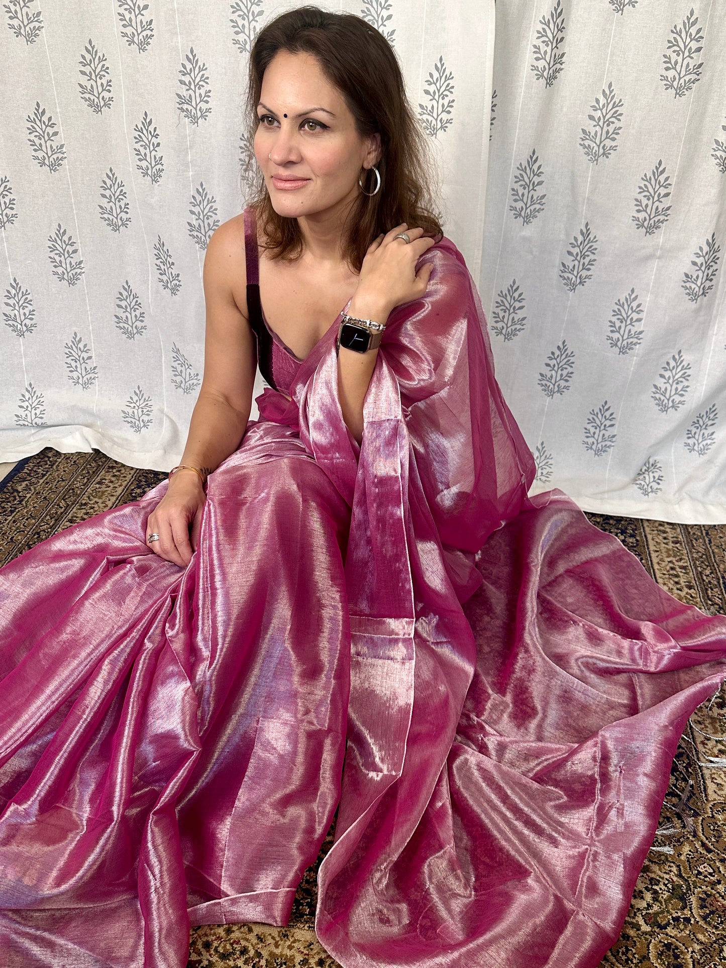 Champagne Pink & Silver Pure Mul Mul Handwoven Tissue Cotton Saree (Borderless)