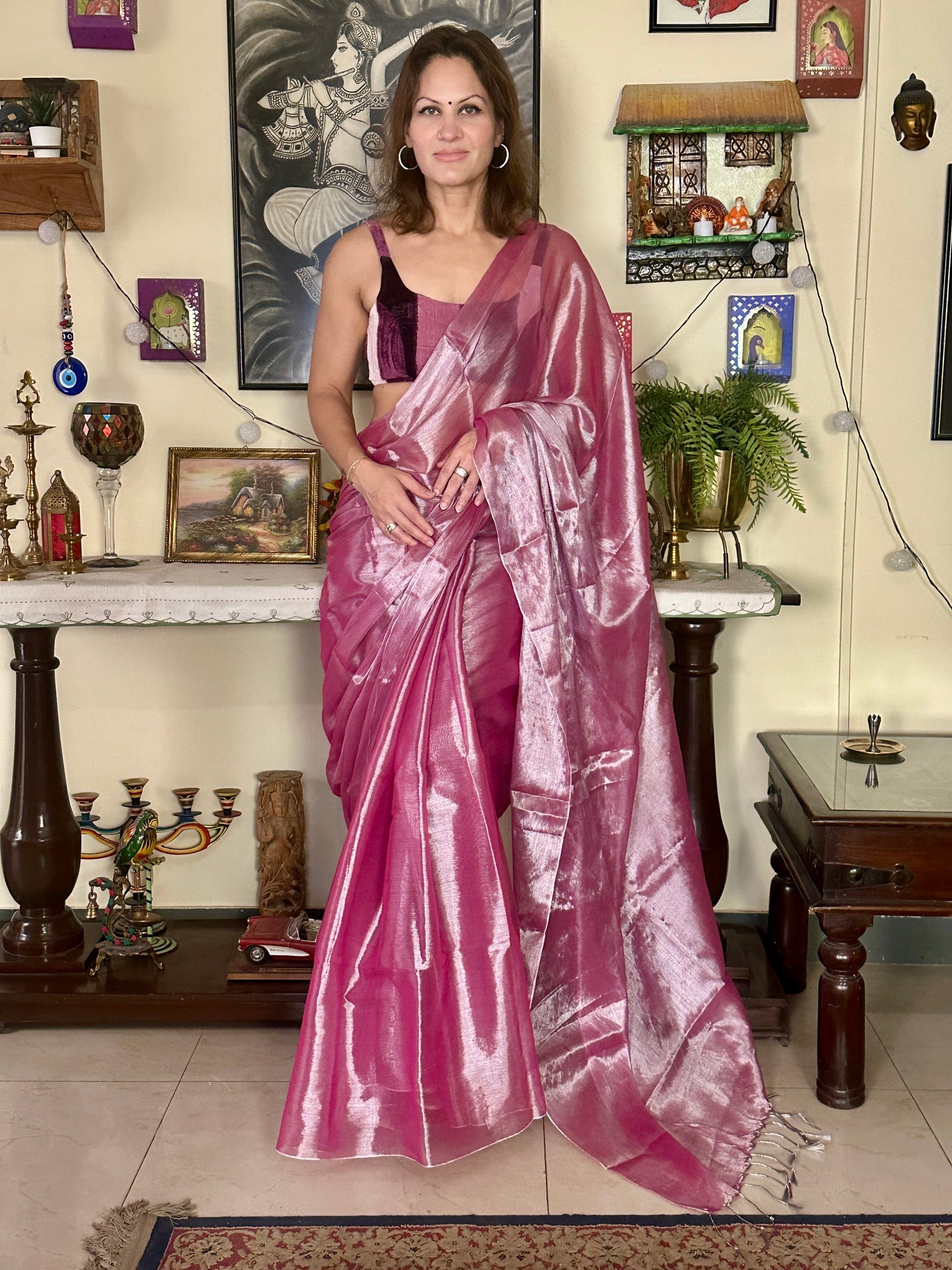 Champagne Pink & Silver Pure Mul Mul Handwoven Tissue Cotton Saree (Borderless)