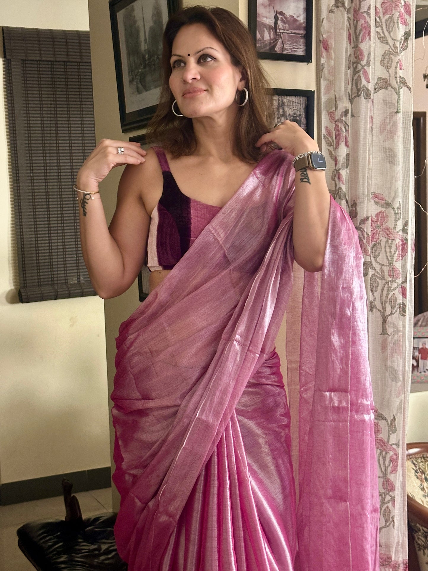 Champagne Pink & Silver Pure Mul Mul Handwoven Tissue Cotton Saree (Borderless)