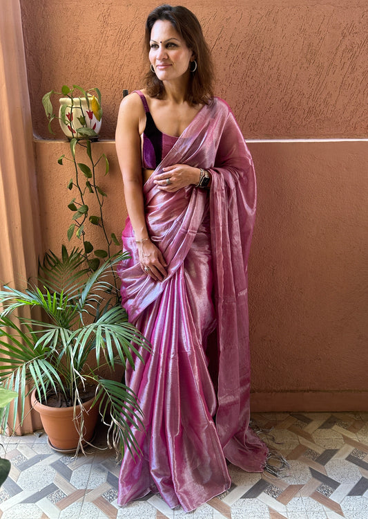Champagne Pink & Silver Pure Mul Mul Handwoven Tissue Cotton Saree (Borderless)