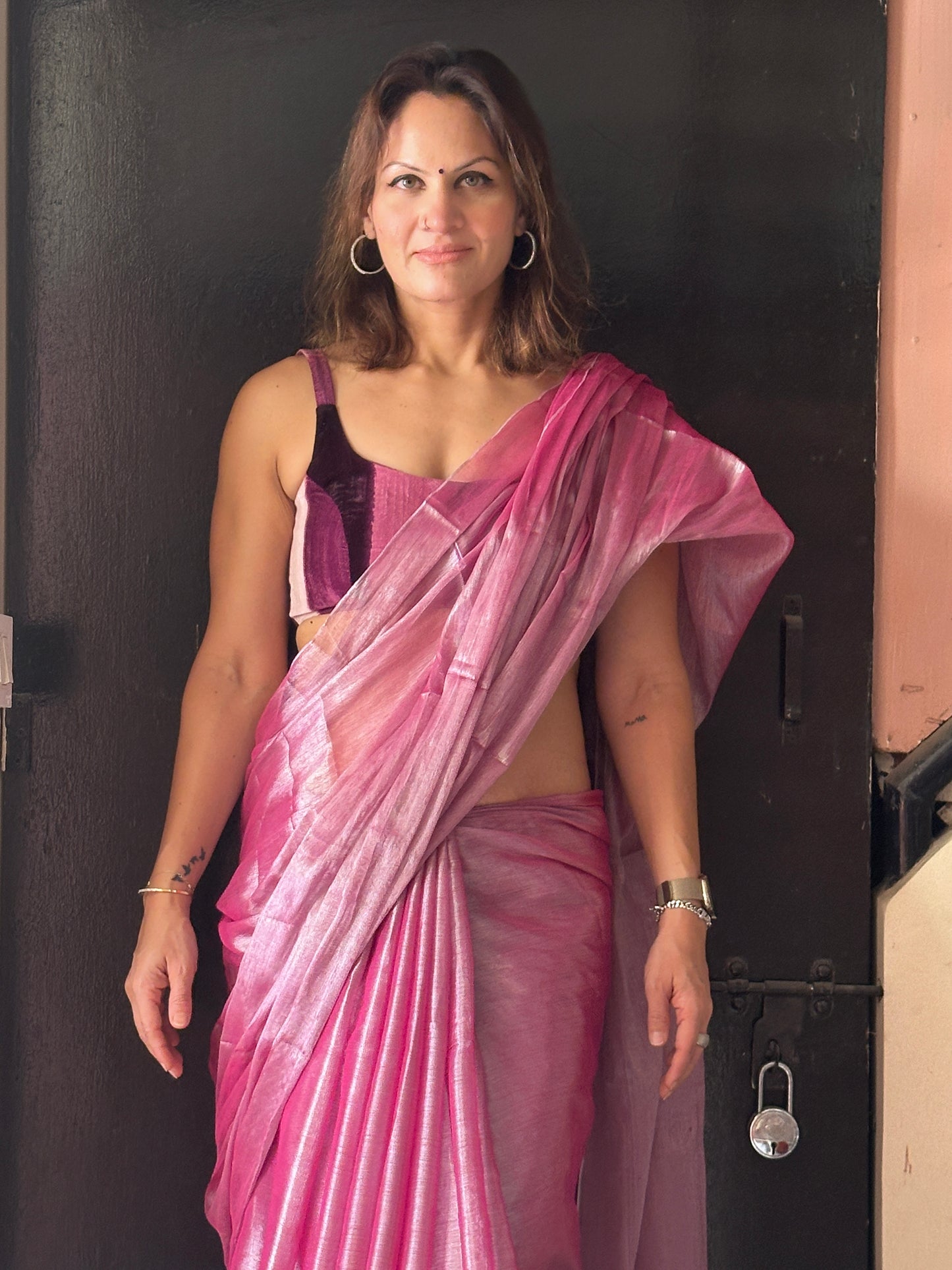 Champagne Pink & Silver Pure Mul Mul Handwoven Tissue Cotton Saree (Borderless)