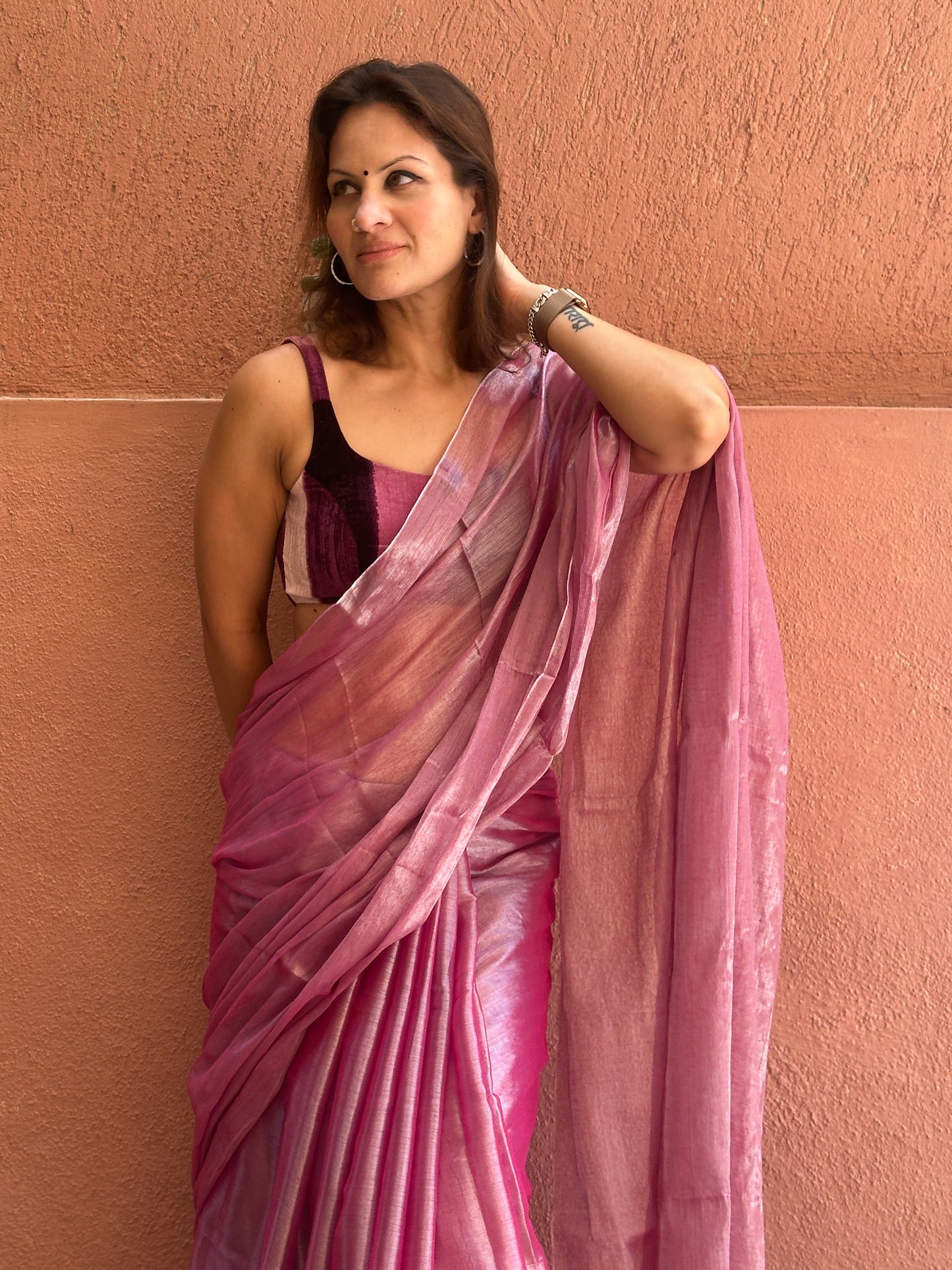 Champagne Pink & Silver Pure Mul Mul Handwoven Tissue Cotton Saree (Borderless)