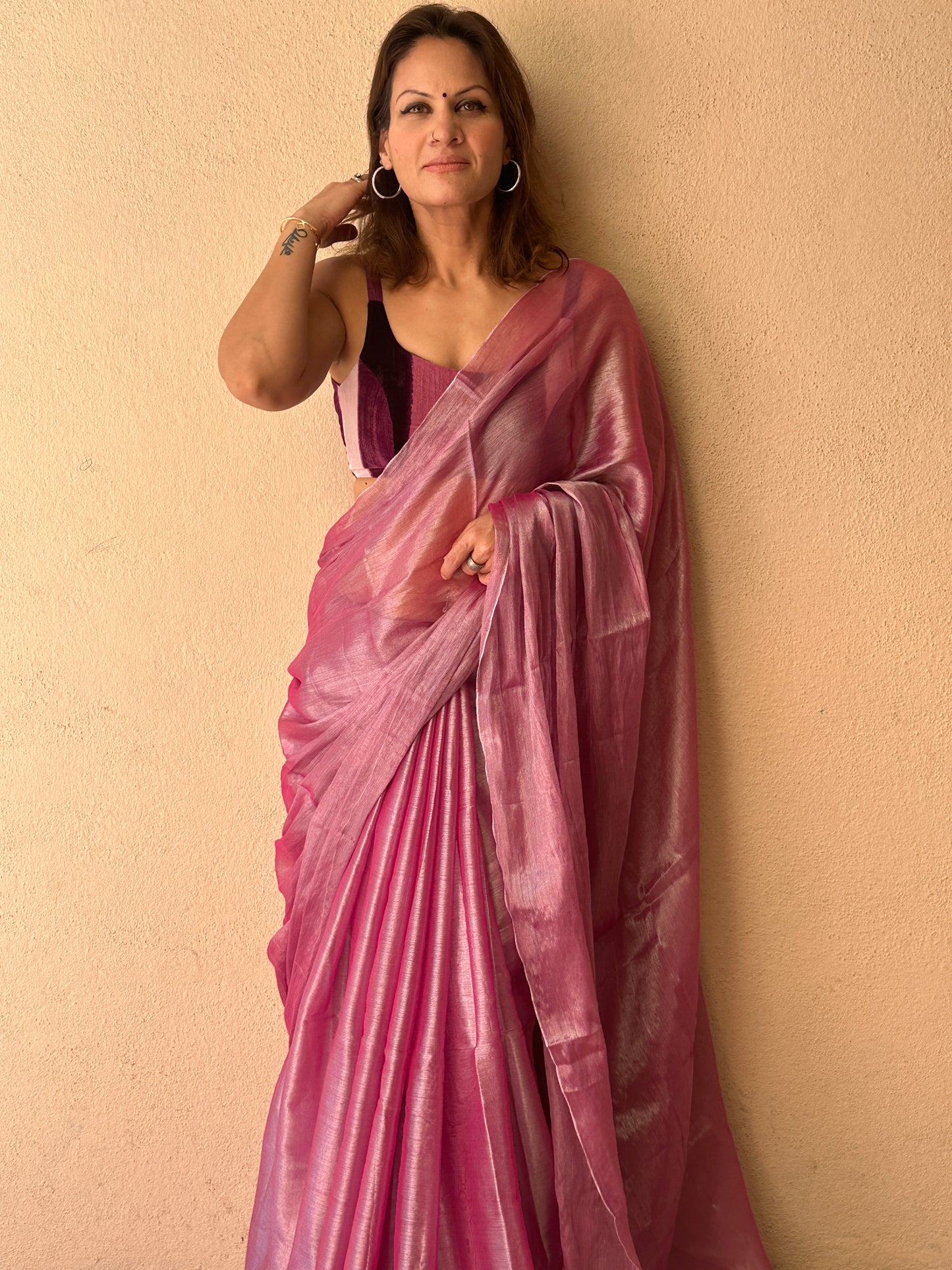 Champagne Pink & Silver Pure Mul Mul Handwoven Tissue Cotton Saree (Borderless)