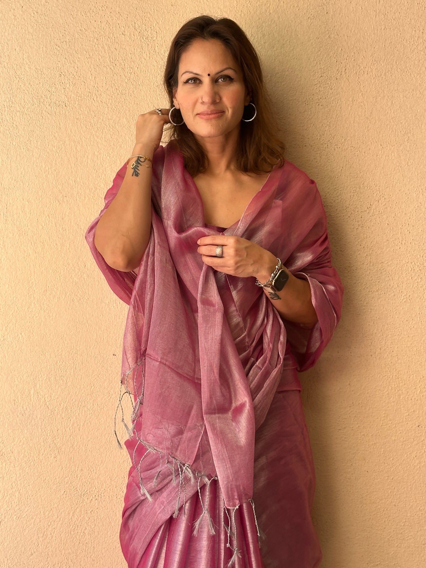 Champagne Pink & Silver Pure Mul Mul Handwoven Tissue Cotton Saree (Borderless)