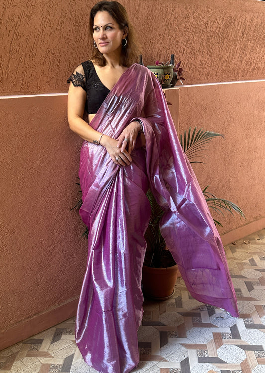 Purple & Silver Pure Mul Mul Handwoven Tissue Cotton Saree (Borderless)