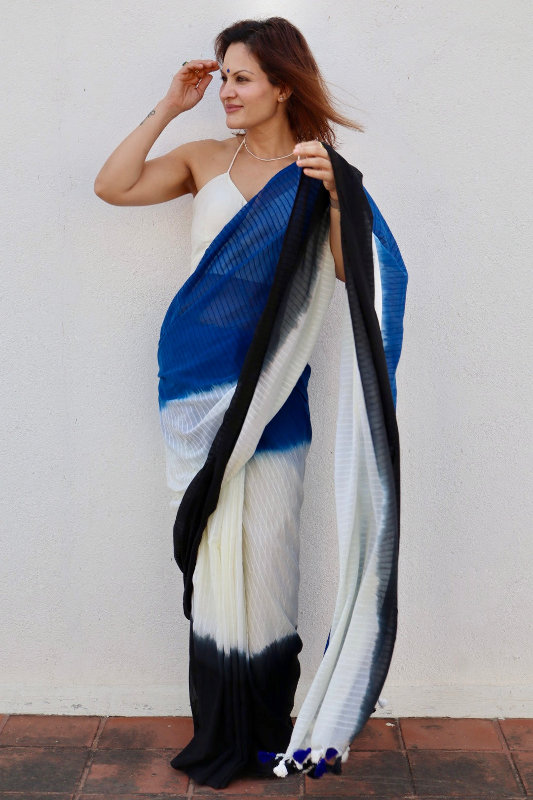 Black, Cream, and Blue Hand Dyed Tie & Dye Pure Mul Mul Cotton Saree with Self Body Checks
