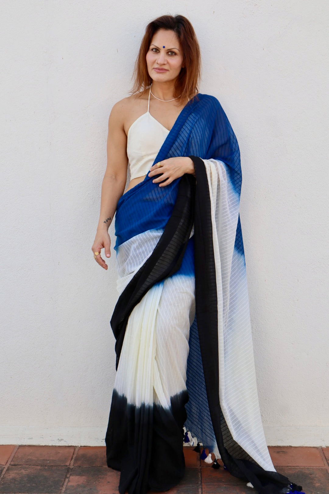 Black, Cream, and Blue Hand Dyed Tie & Dye Pure Mul Mul Cotton Saree with Self Body Checks