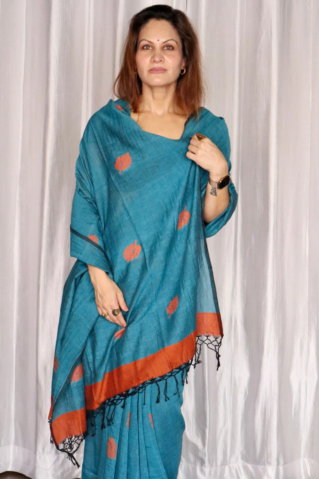 Sea Blue Pure Handloom Cotton Jamdani Saree with Handloom Mark Card