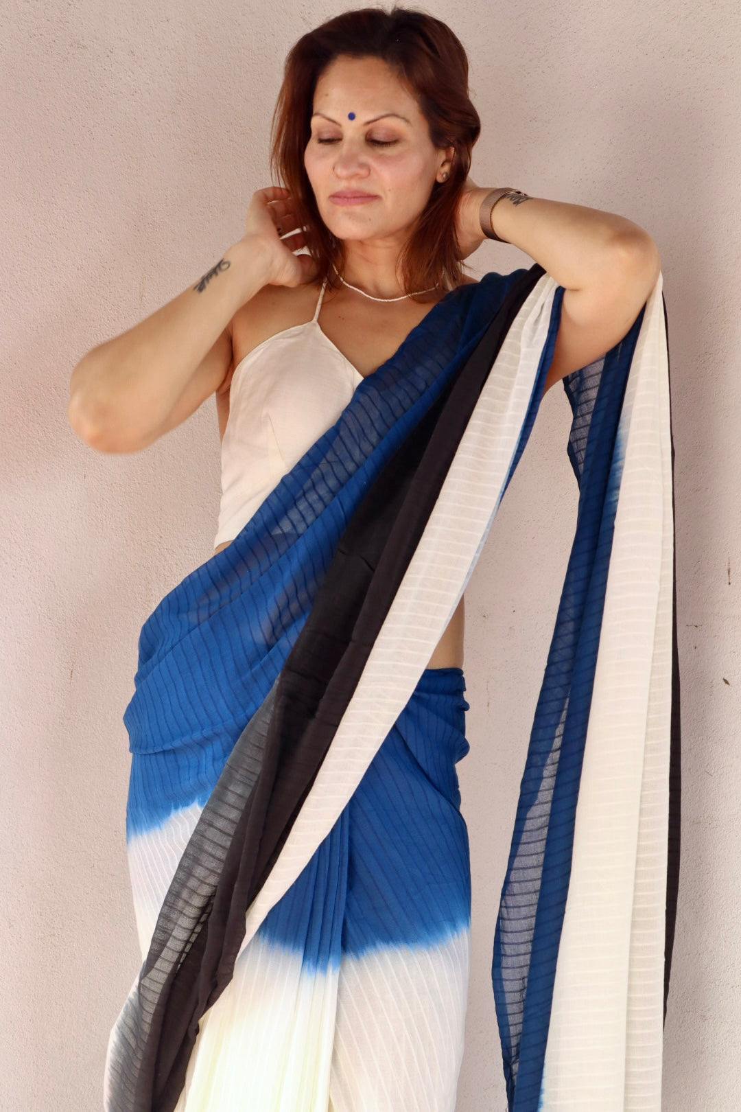 Black, Cream, and Blue Hand Dyed Tie & Dye Pure Mul Mul Cotton Saree with Self Body Checks