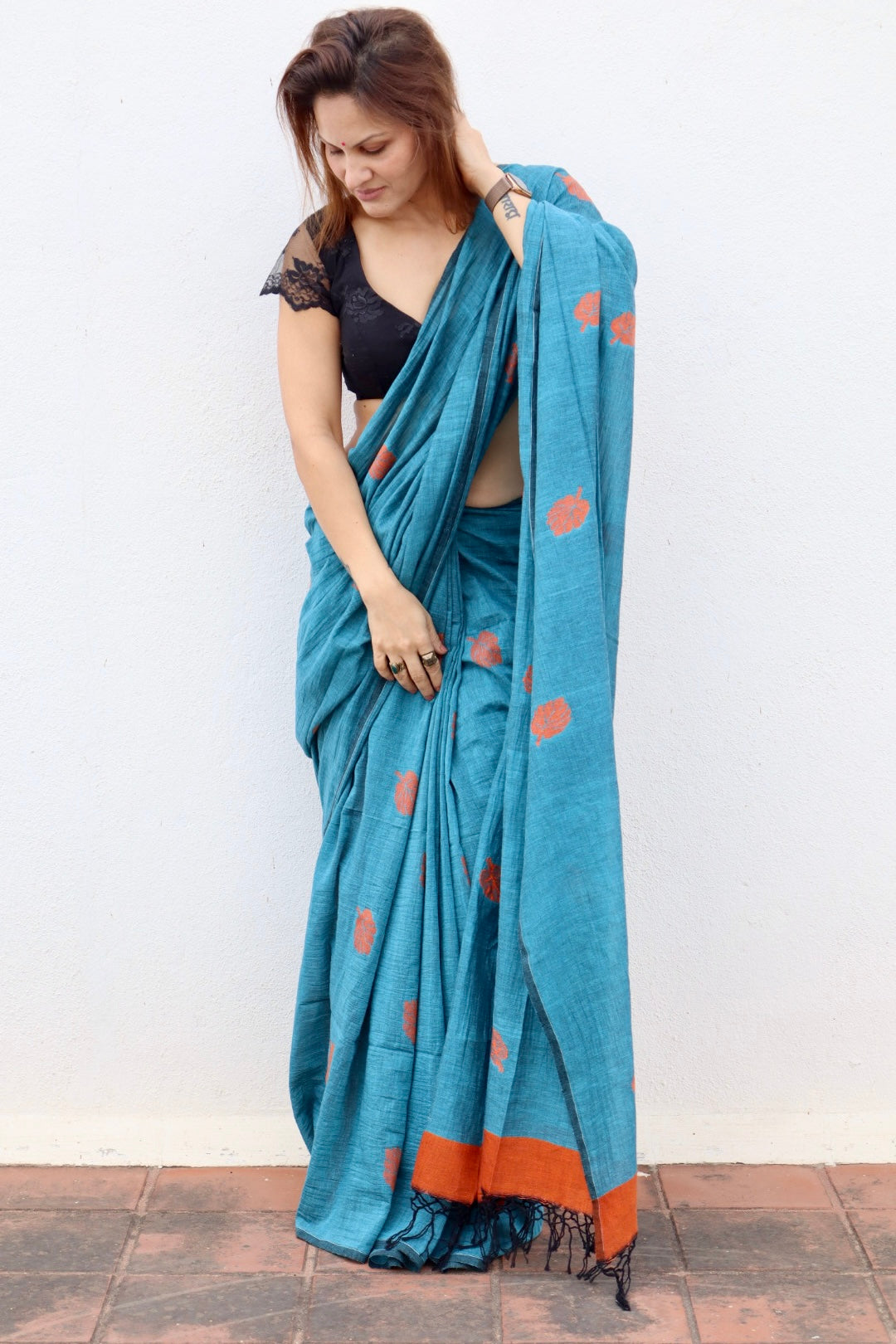 Sea Blue Pure Handloom Cotton Jamdani Saree with Handloom Mark Card