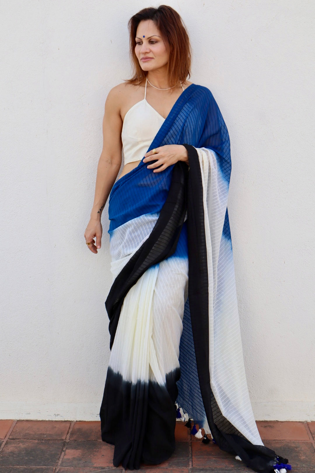 Black, Cream, and Blue Hand Dyed Tie & Dye Pure Mul Mul Cotton Saree with Self Body Checks