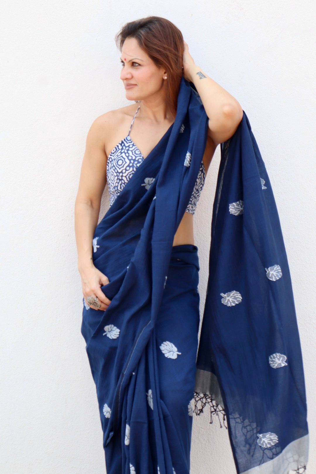 Ink Blue Pure Handloom Cotton Jamdani Saree with Handloom Mark Card