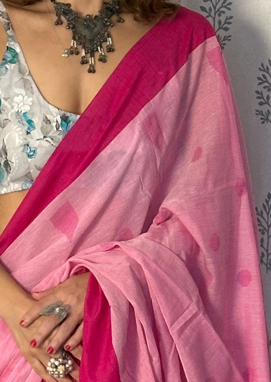 Pink Handloom Pure Cotton Jamdani Sari with Woven Delicate Motifs & Contrast Pink Border