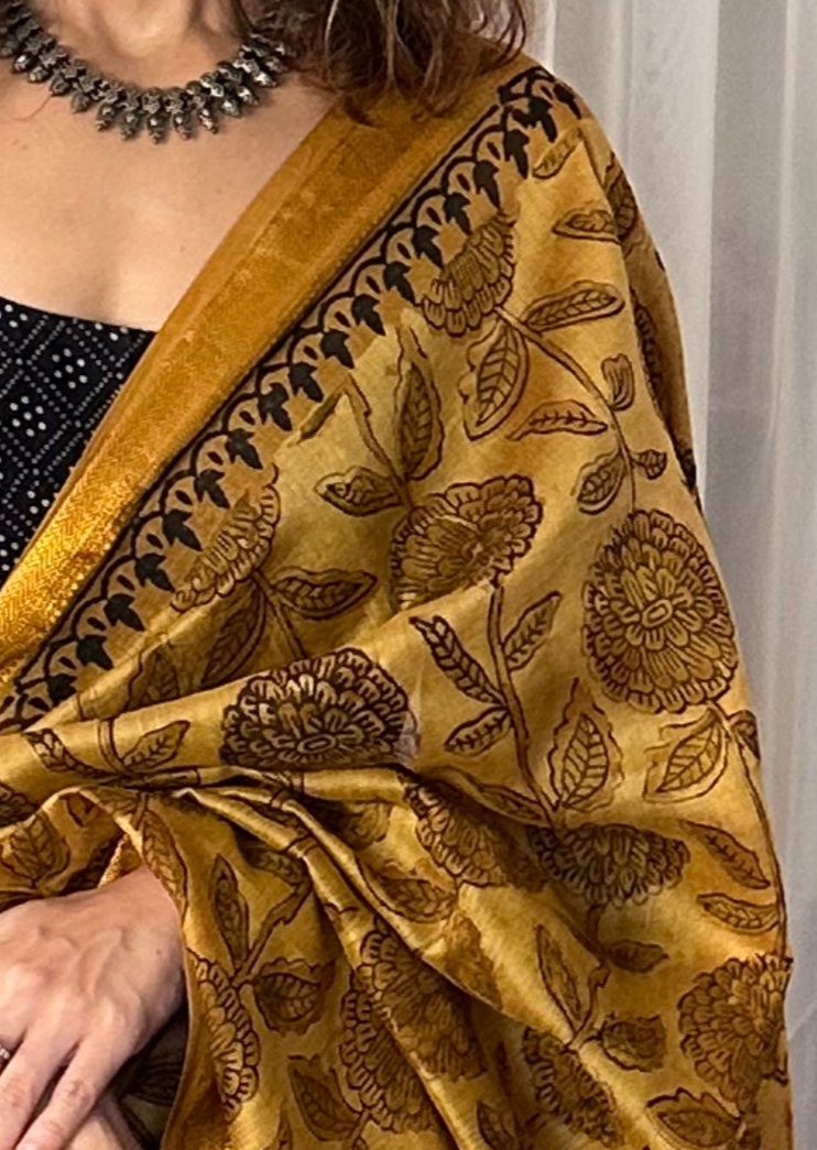 Mustard Natural Vanaspati Block Print Maheshwari Sari with Zari Border