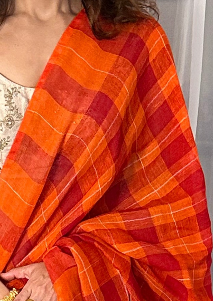 Orange Handloom Pure Linen Checks Sari