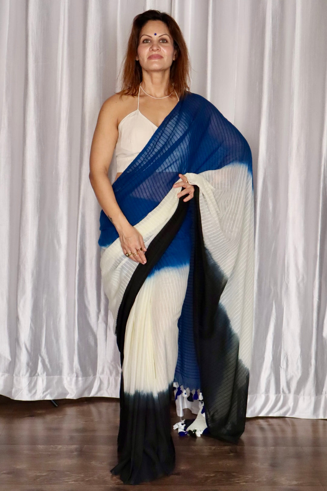 Black, Cream, and Blue Hand Dyed Tie & Dye Pure Mul Mul Cotton Saree with Self Body Checks