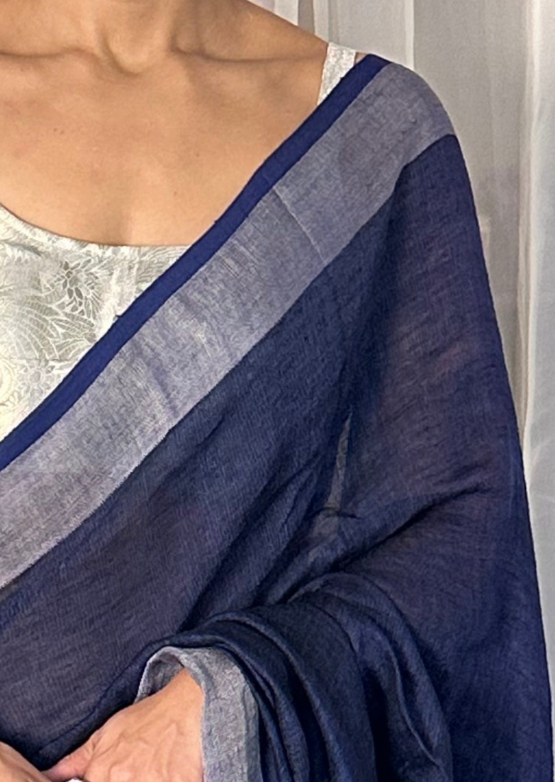 Blue Pure Linen Sari with Silver Border and Silver Zari Striped Pallu