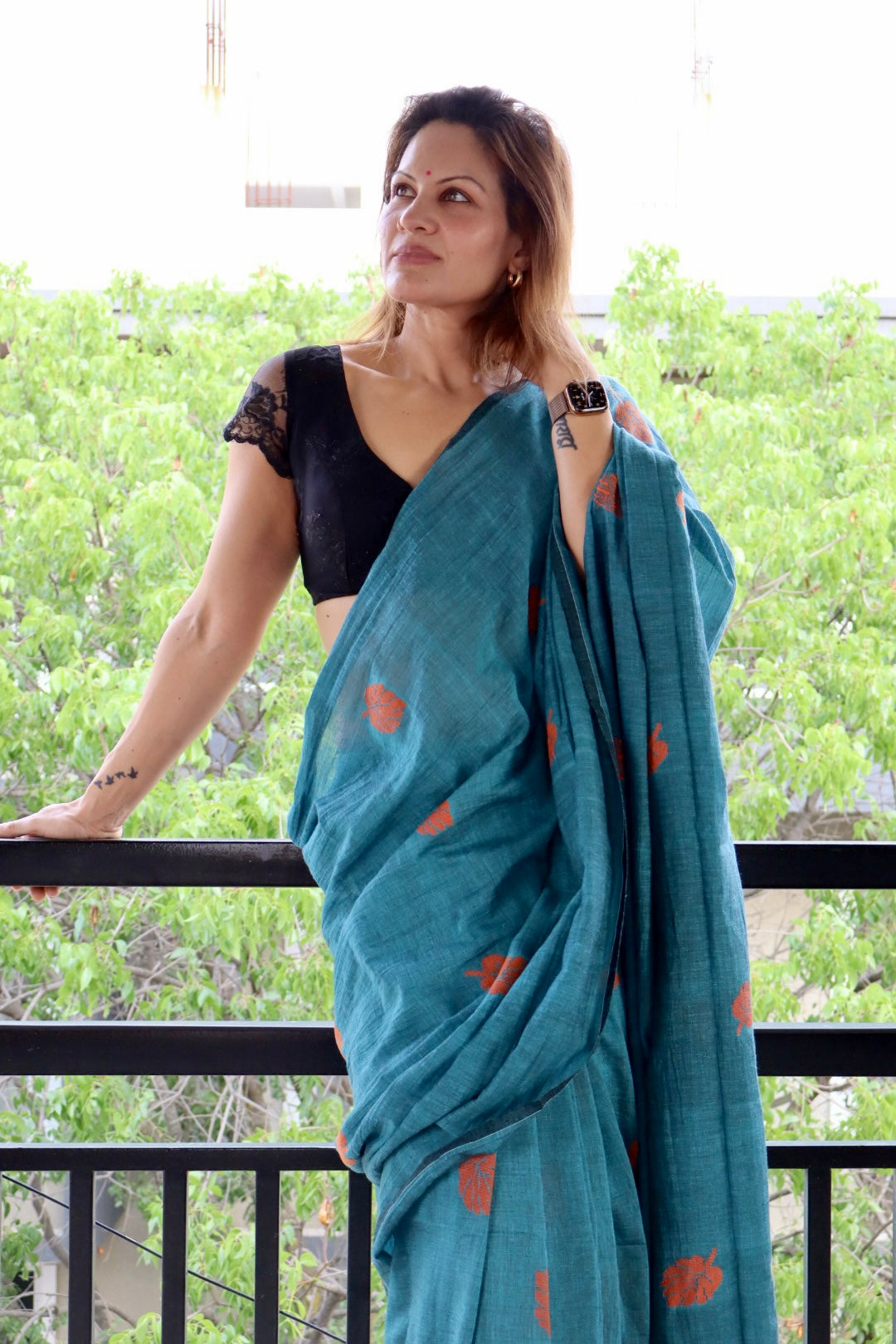 Sea Blue Pure Handloom Cotton Jamdani Saree with Handloom Mark Card