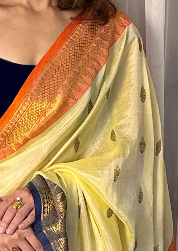 Pale Yellow Pure Katan Silk and Cotton Banarasi Sari with Zari Work