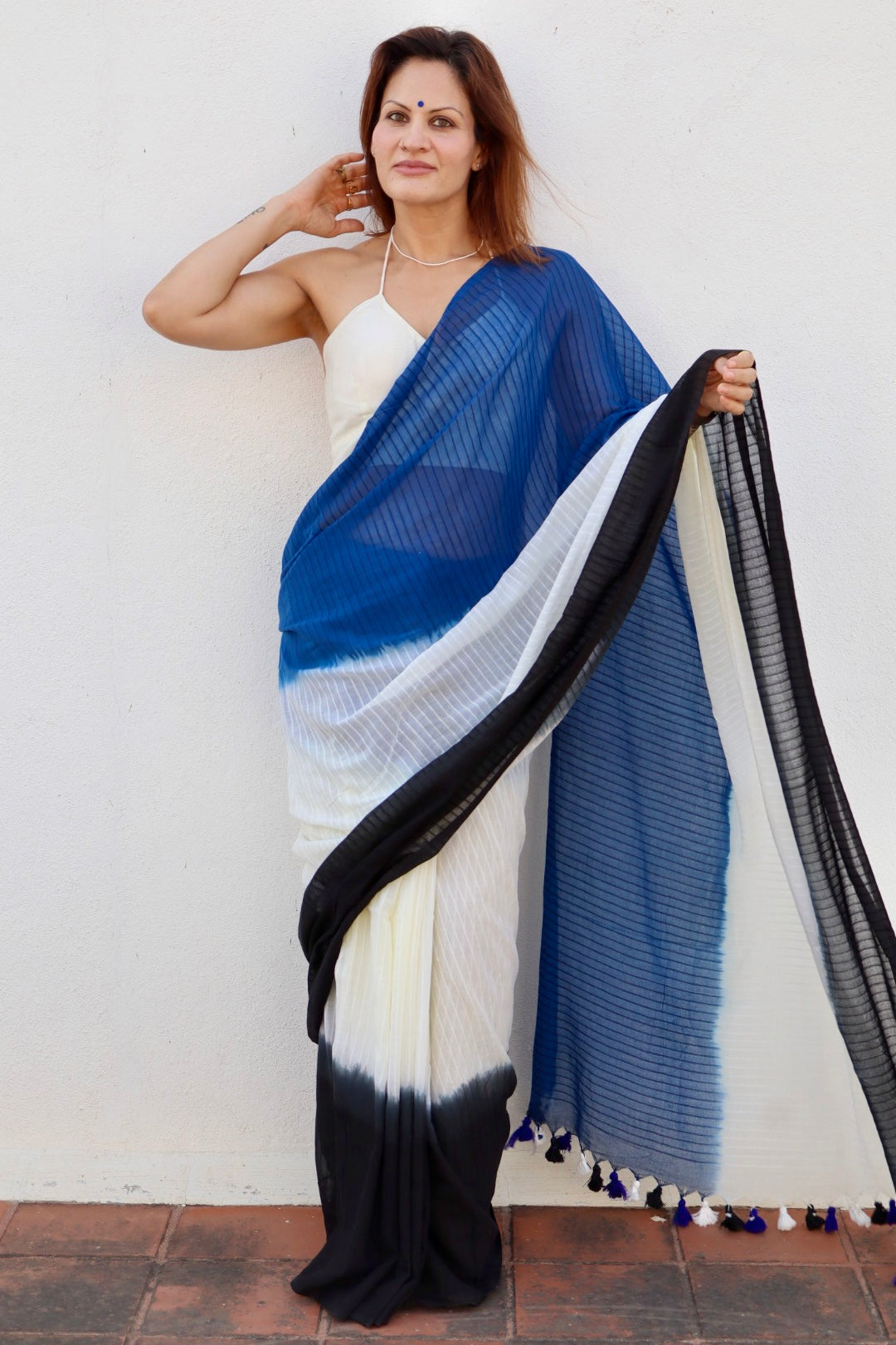 Black, Cream, and Blue Hand Dyed Tie & Dye Pure Mul Mul Cotton Saree with Self Body Checks