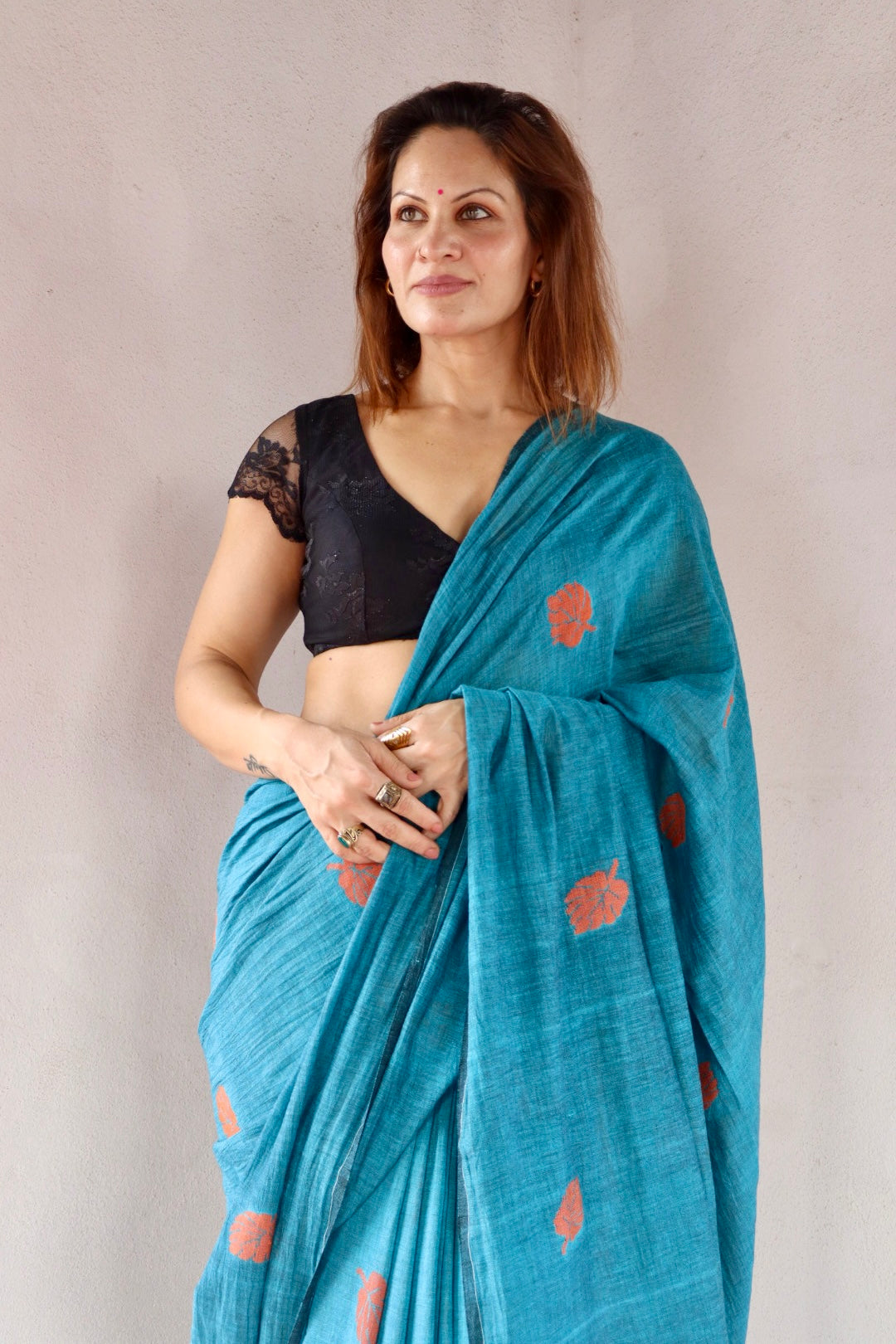 Sea Blue Pure Handloom Cotton Jamdani Saree with Handloom Mark Card